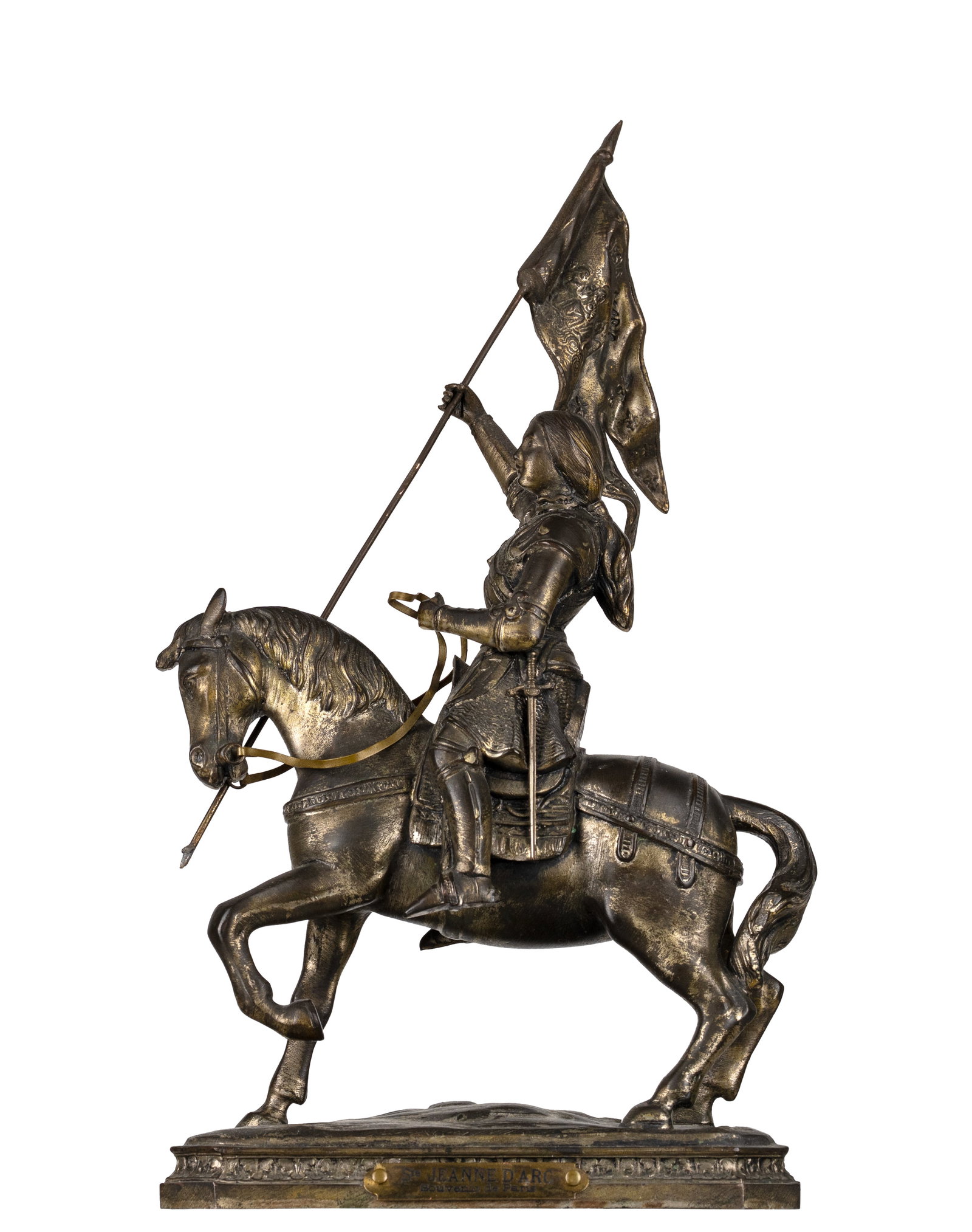 Joan of Arc statuette - Mi XXe siècle: France Statuette Jeanne d'Arc (Mi XXe siècle) Faite de métal à patine argentée, Plaque Souvenir de Paris Dimension: Hauteur 13 1/2" Hauteur 34 cm Rapport de condition: Métal