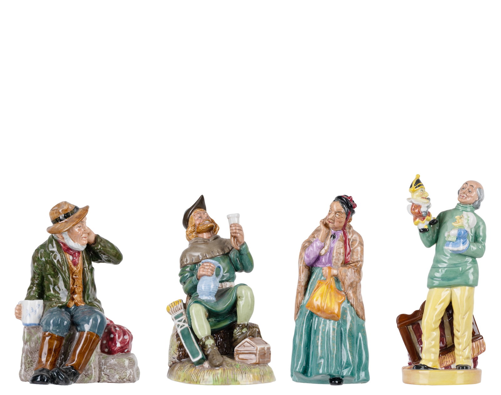 Royal Doulton - 4 figurines - 1948, 1950, 1980, 1984: Royal Doulton Angleterre / England 4 figurines (1948, 1950, 1980, 1984) Porcelaine peinte, inclut HN2773 Robin Hood, HN2070 Bridget, HN2042 OWD Willum, HN2765 Punch and Judy man Dimension: Hauteur 6 3