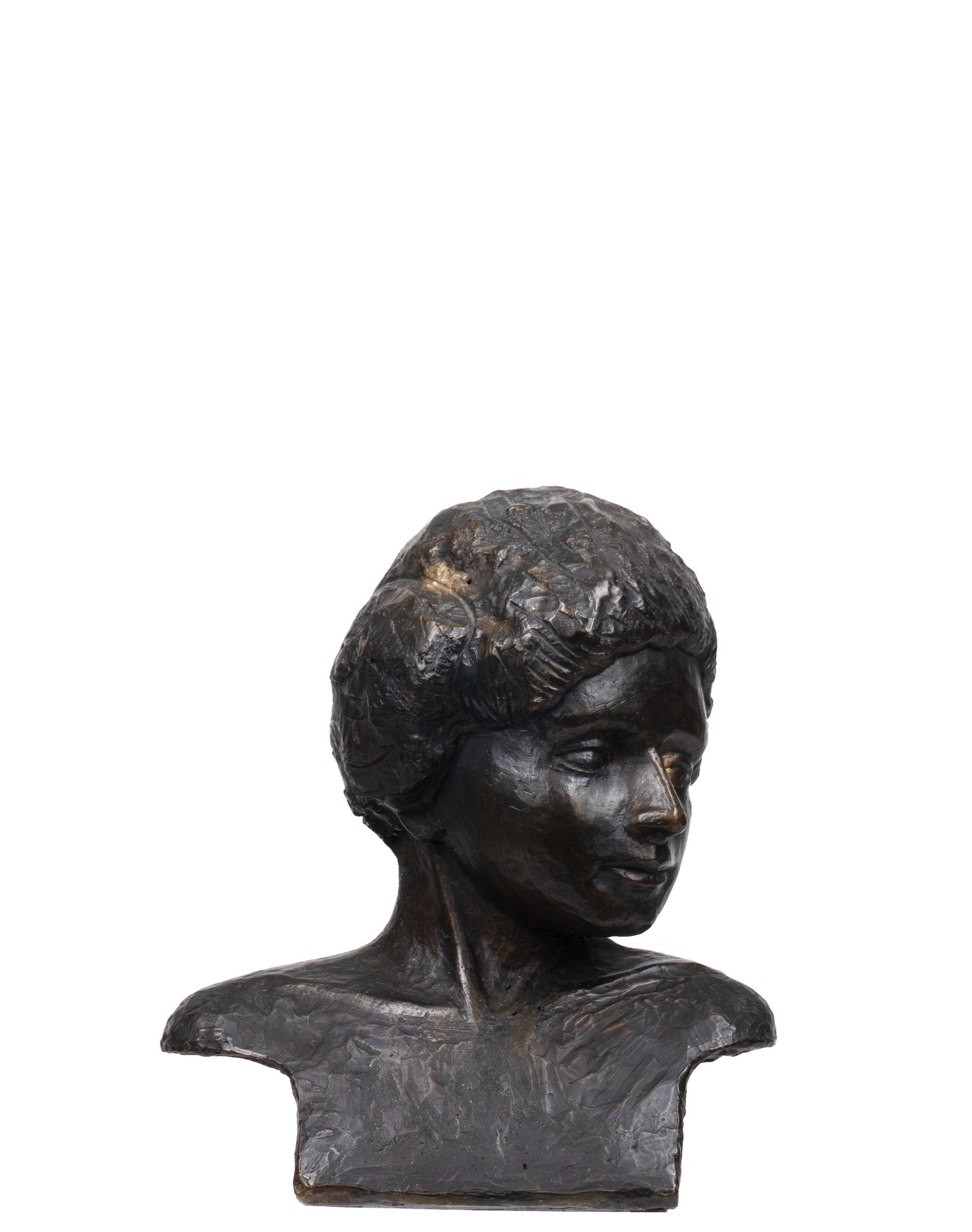 Bronze, head of a woman: Bronze, tête de femme Signature P au dos. Dimension: 7" x 6" x 3 1/2" 17.8 x 15 x 9 cm ------------- Bronze, head of a woman P signature on back Dimension: 7" x 6" x 3 1/2" 17.8 x 15 x