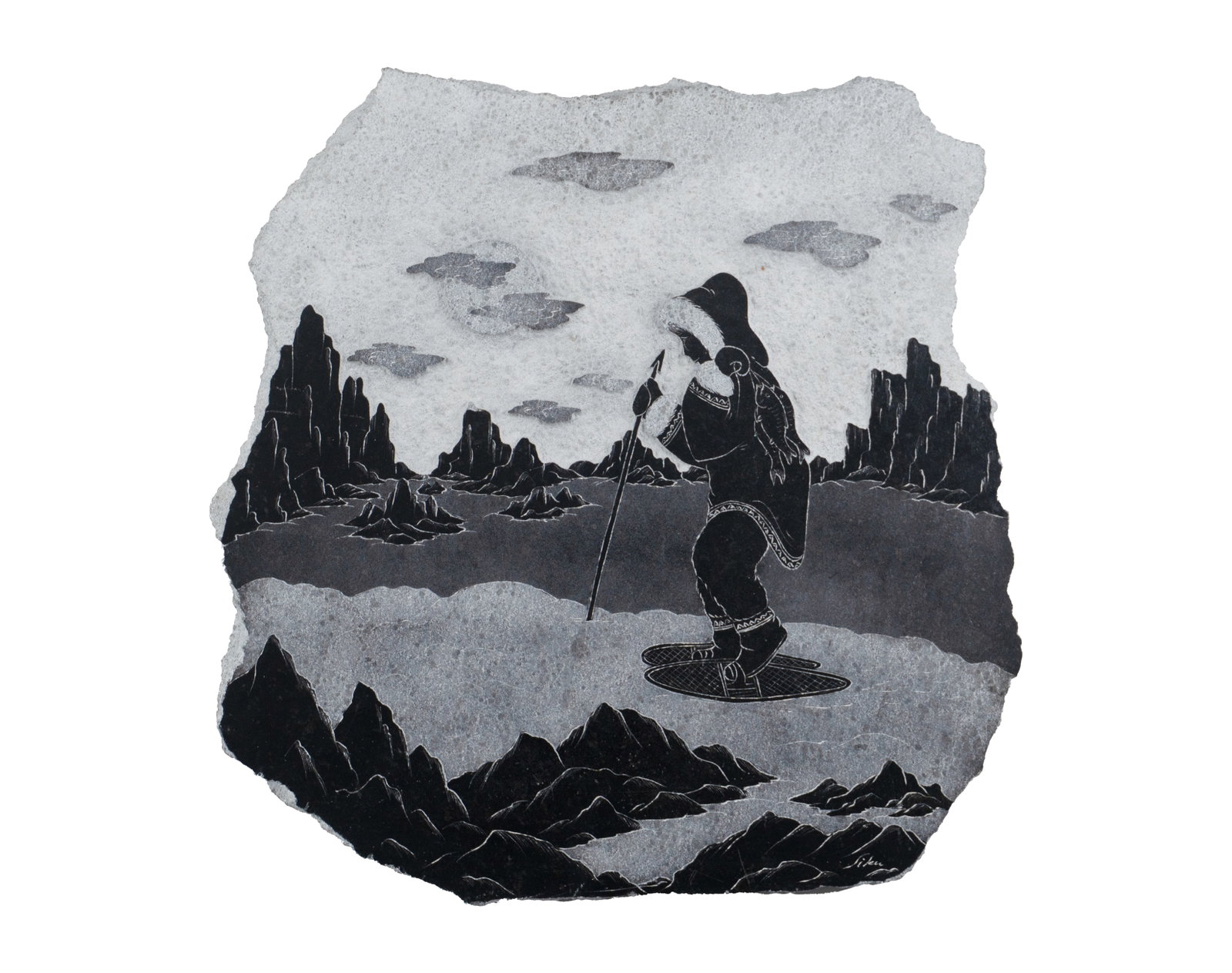 École Inuit / Inuit School - Hunter: École Inuit / Inuit School Chasseur Bas relief sur pierre à savon Dimension: 16" x 16" 40.6 cm x 40.6 cm ------------- École Inuit / Inuit School Hunter Bas-relief on soapstone <