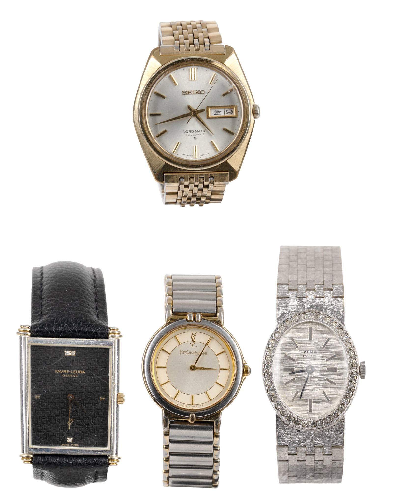 Seiko/YSL - Set of 4 collectible watches: Seiko/YSL Ensemble de 4 montres de collection Ce lot diversifié réunit quatre garde-temps vintage de maisons de renom, idéal pour collectionneurs ou pour pièces. Il comprend une mo