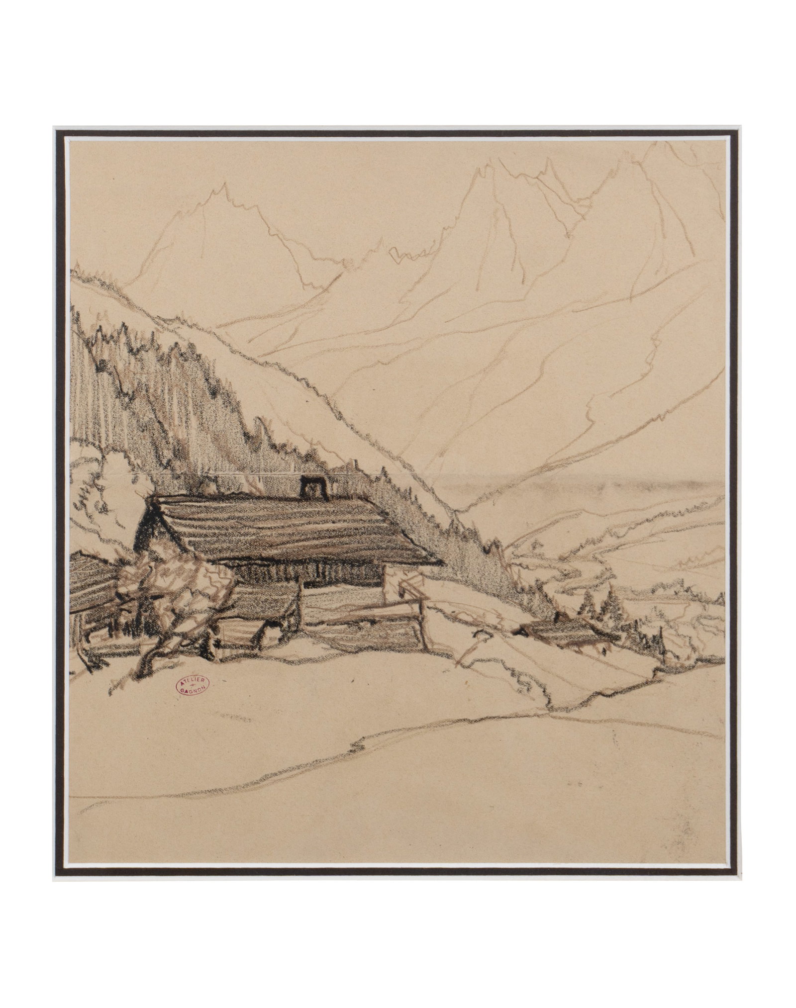 Gagnon, Clarence - "Dans les Alpes": Gagnon, Clarence (1881-1942) "Dans les Alpes" Description: Charcoal on paper. Studio stamp and certificate on the reverse. Dimension (PO): 10" x 9" Dimension (CM): 25.5 x 23 cm Condition