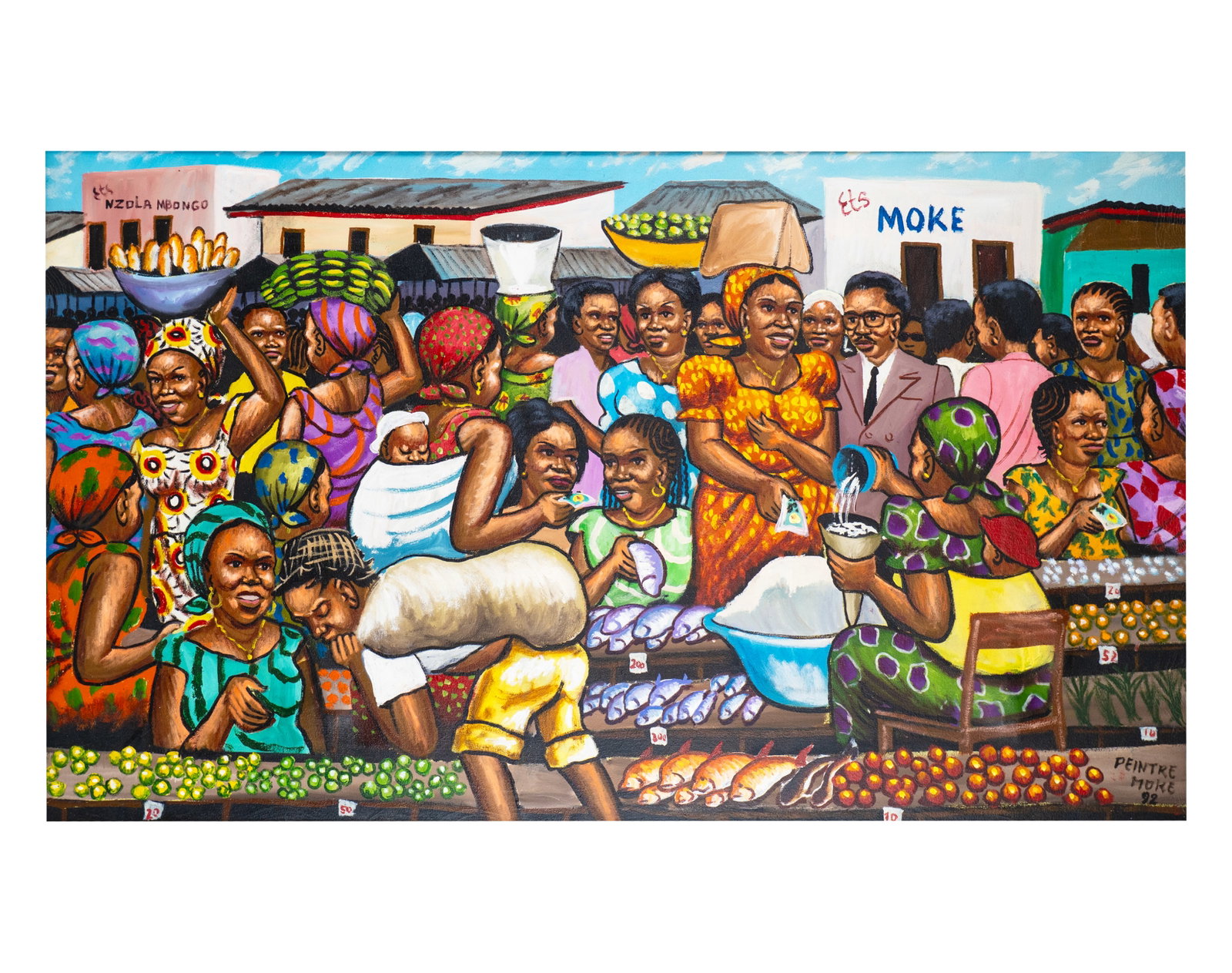 Moke - "Nzola Mbongo" - 1992: Moke (1950-2001) "Nzola Mbongo" (1992) Description: Oil on canvas, signed lower right Peintre Moke 92 Dimension (PO): 28,5" x 48,5" Dimension (CM): 72 x 124 cm Condition report: Upon request, We will