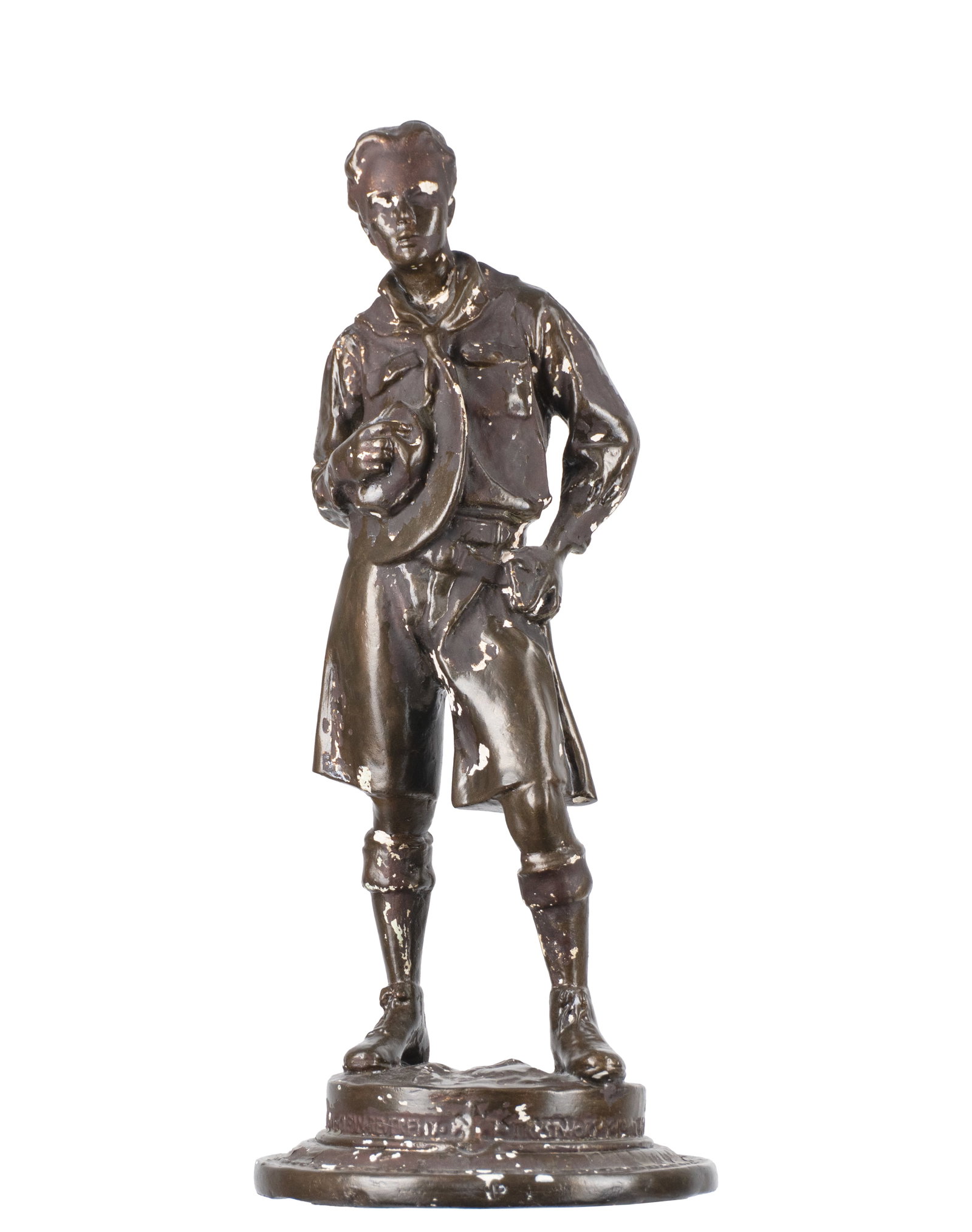 McKenzie, Robert Tait - The Boy Scout - 1915: McKenzie, Robert Tait (1867-1938) The Boy Scout (1915) Description: Patinated plaster sculpture Dimension (PO): 15,5" x 5,5" Dimension (CM): 39 x 14 cm Condition report: Many spots where the patina