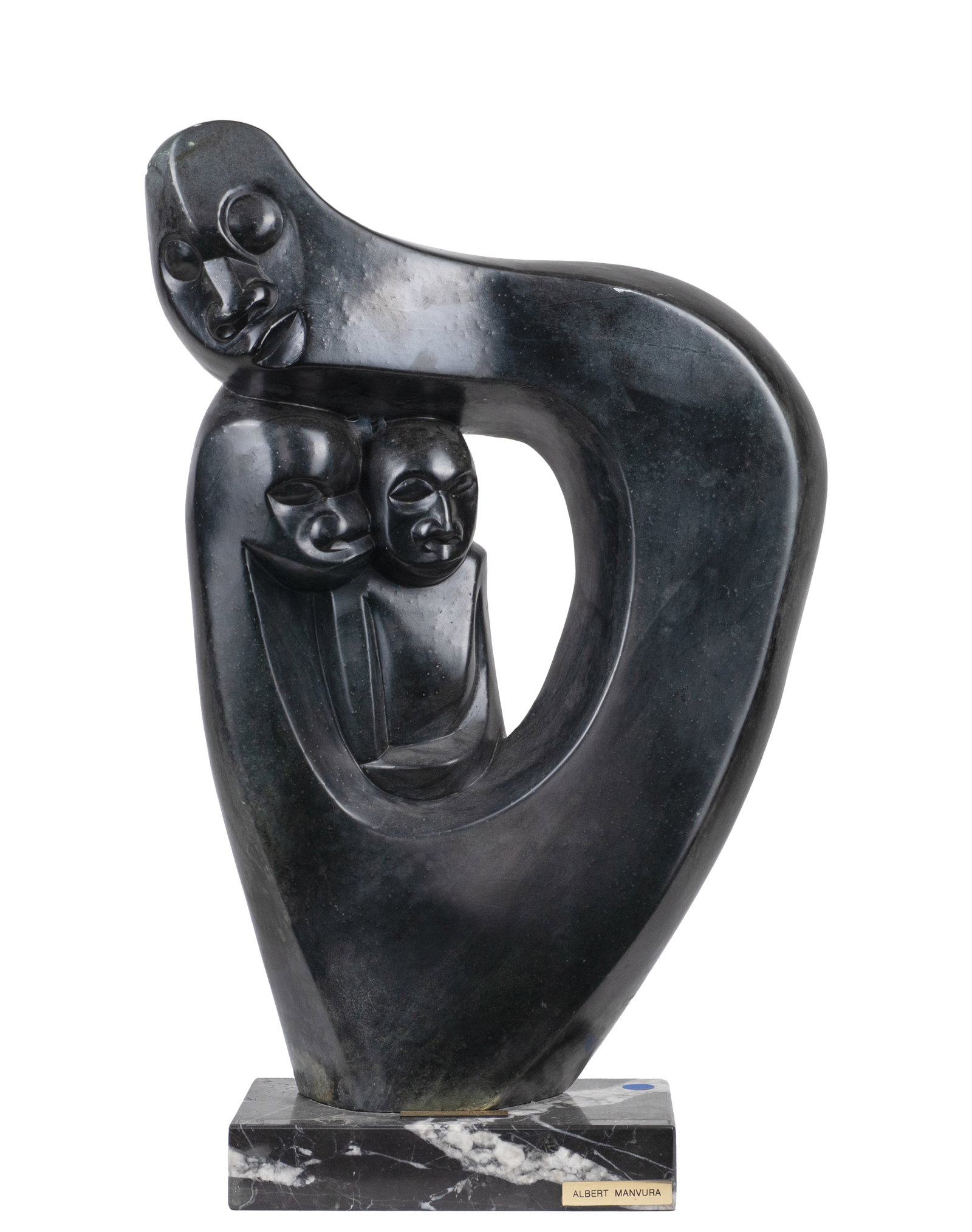 Mamvura, Albert Nathan - "United We Stand": Mamvura, Albert Nathan (1954-1997) "United We Stand" Description: Modernist sculpture in Shona stone mounted on a marble base. Signature engraved in the stone on the back of the sculpture at the