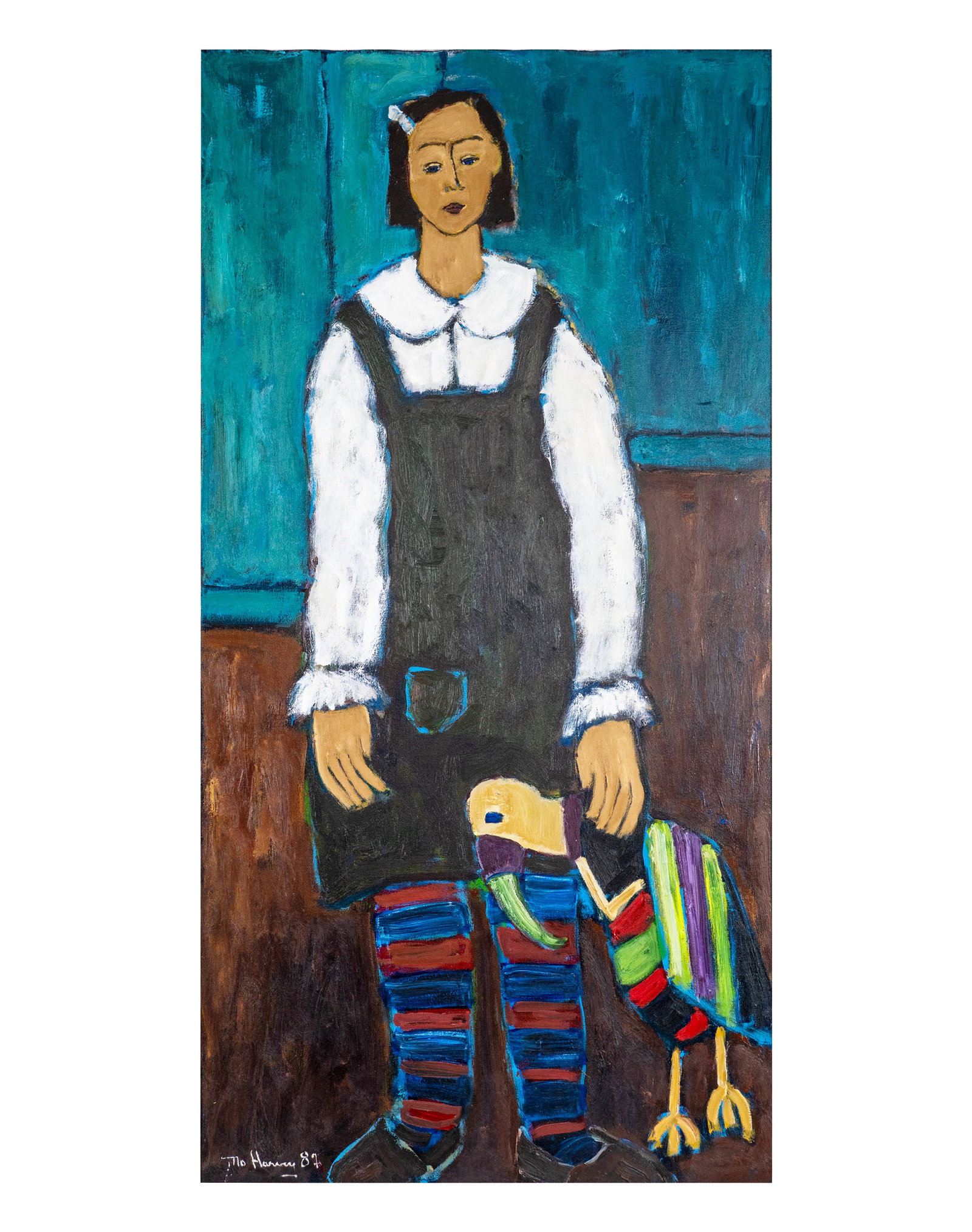 Harvey, Monique - "Jeune fille avec cacatoès" - 1987: Harvey, Monique (1950-2003) "Jeune fille avec cacatoès" (1987) Description: Oil on masonite signed and dated on lower left Mo Harvey 87, titled on the reverse Dimension (PO): 24" x 48" Dimension