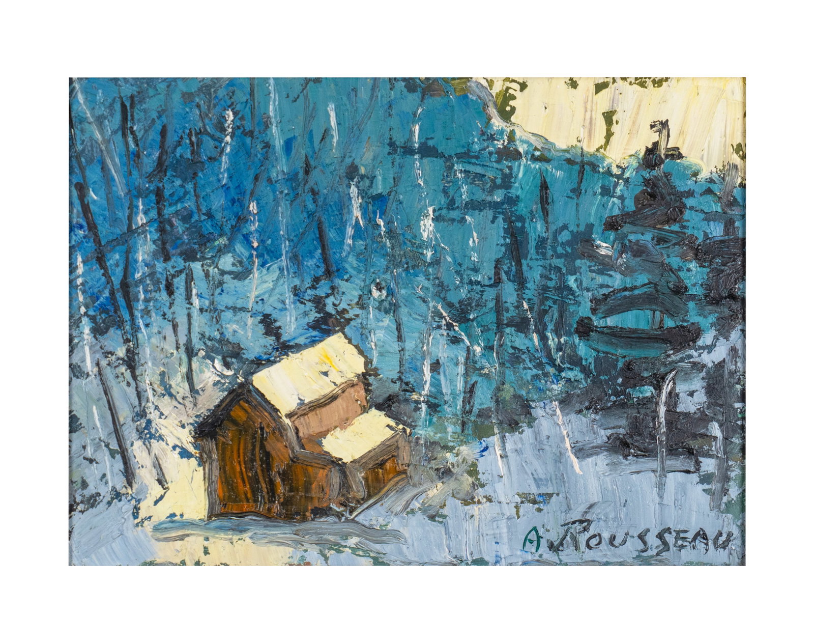 Rousseau, Albert - Paysage bleu: Rousseau, Albert (1908-1982) Paysage bleu Description: Oil on masonite signed on lower right, titled on the reverse Dimension (PO): 12" x 16" Dimension (CM): 30,5 x 40,6 cm Condition rep
