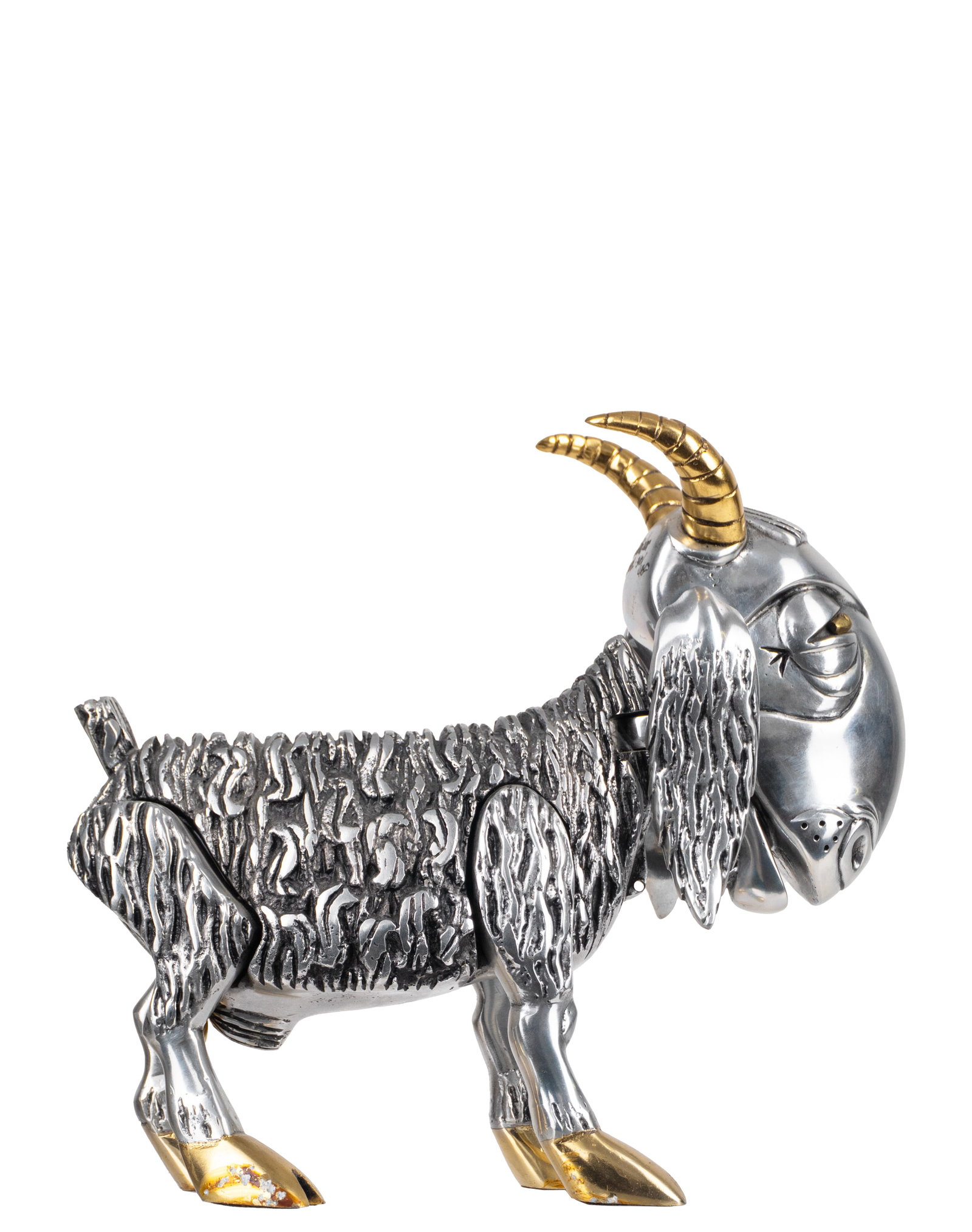 Meisler, Frank - Goat: Meisler, Frank (1929-2018) Goat Description: Chrome-plated and gold-plated metal sculpture, signed and numbered 340/480 on the back of the head. Articulated neck. Dimension (PO): 9" x 9" x 2"