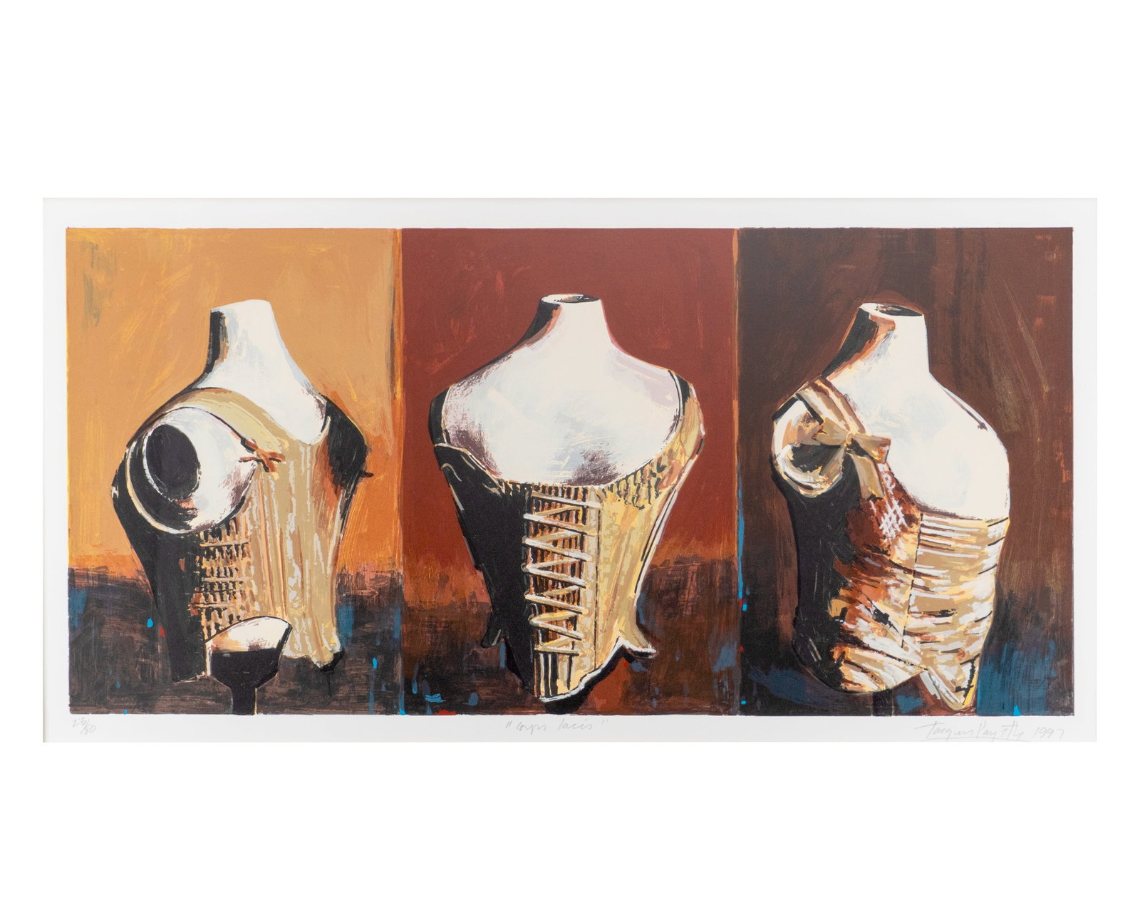Payette, Jacques - "Corps lacés" - 1996: Payette, Jacques (1951-) "Corps lacés" (1996) Description: Lithograph signed and dated in the lower right corner, titled in the center, and numbered 23/80 Dimension (PO): 14,5" x 27,5" Dimension