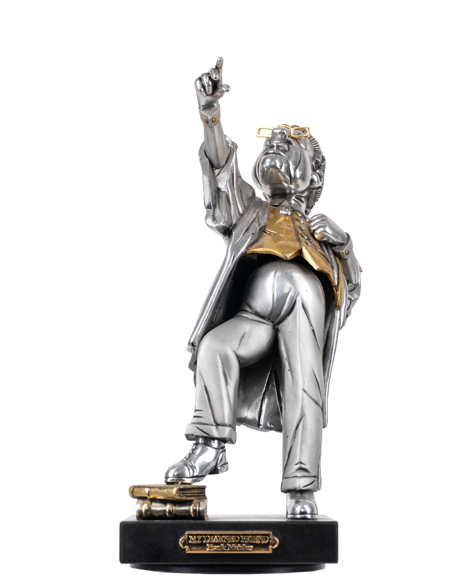 Meisler, Frank - "My learned friend": Meisler, Frank (1929-2018) "My learned friend" Description: Chrome-plated and gold-plated metal sculpture, rotating base Dimension (PO): 13" x 6" x 6" Dimension (CM): 33 x 15 x 15 cm Condition