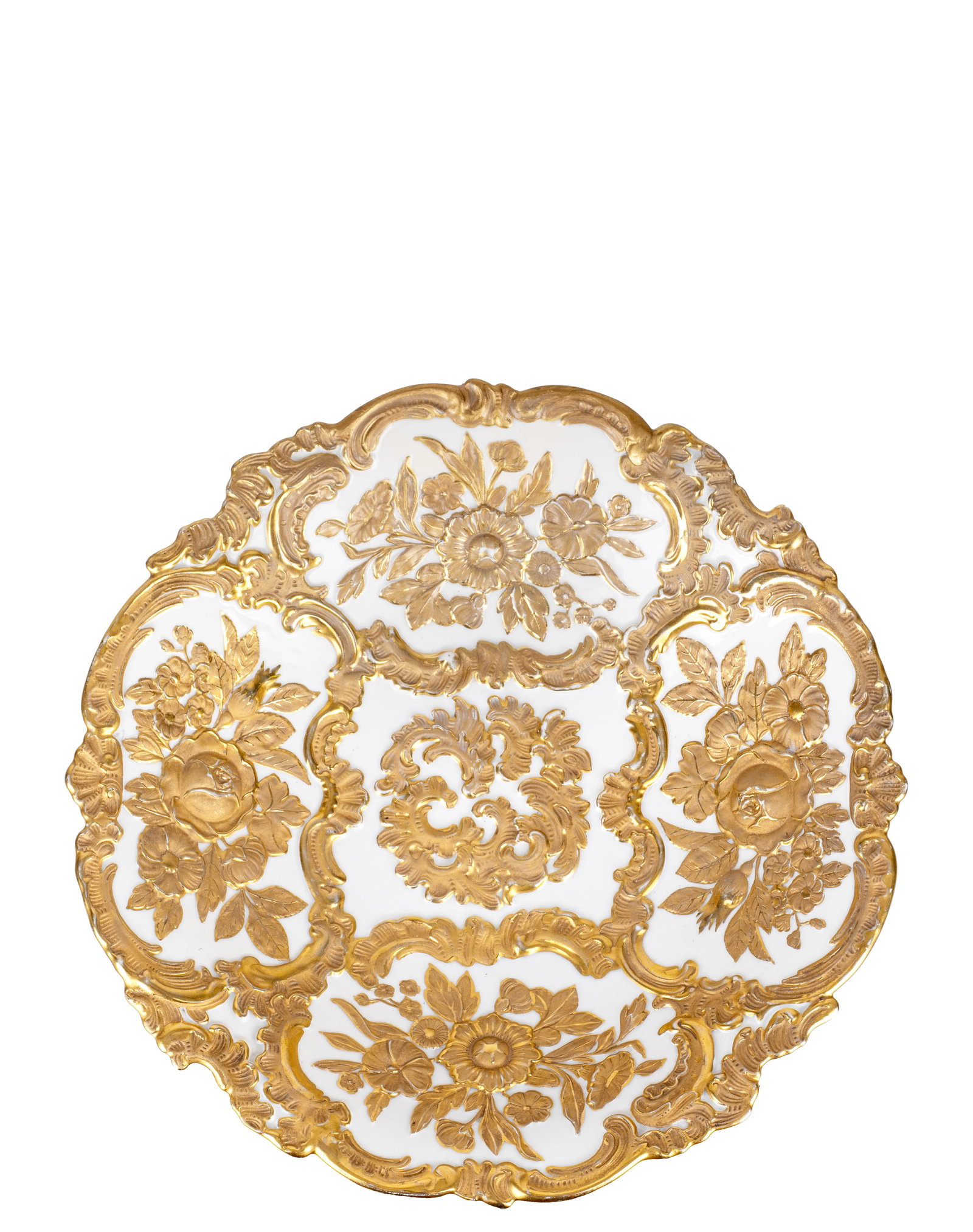 German porcelain plate: German porcelain plate Description: German Meissen Rococo Gold porcelain plate crossed swords, Dimension (PO): 12.2 inch Dimension (CM): 30 cm Condition report: Upon request, We w