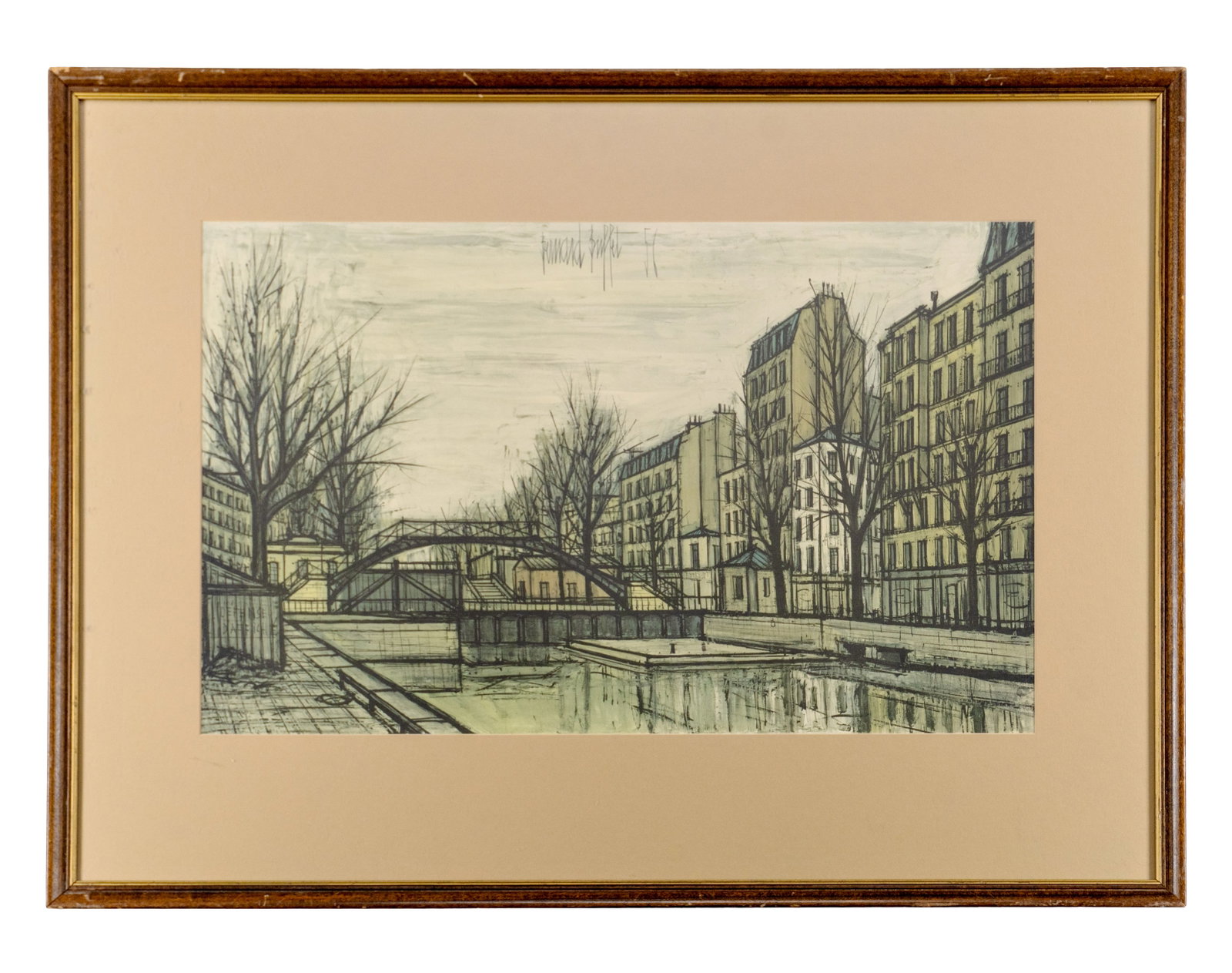 D'après/ After Buffet, Bernard - Bridge in the city - 1956: D'après/ After Buffet, Bernard (1928-1999) Bridge in the city (1956) Photolithographie signée et datée dans la plaque en-haut au centre Dimension: 13 1/2'' x 22'' 34,5 x 55 cm
