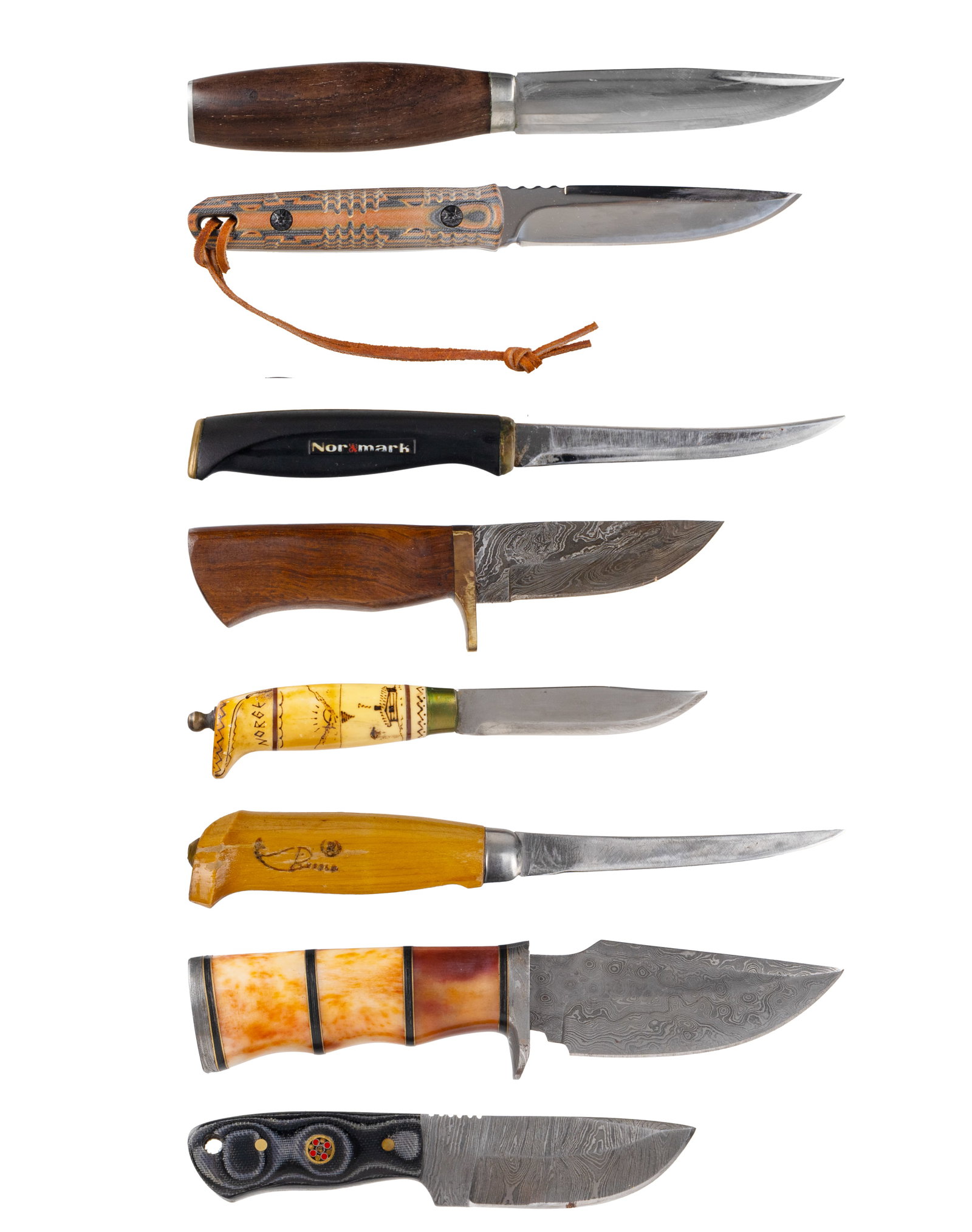 Hunting & Specialty Knife Collection (6 pieces): Collection de couteaux de chasse et spéciaux (6 pièces) Ensemble comprenant 6 couteaux de chasse et modèles spécialisés variés. Inclut les étuis de protection en