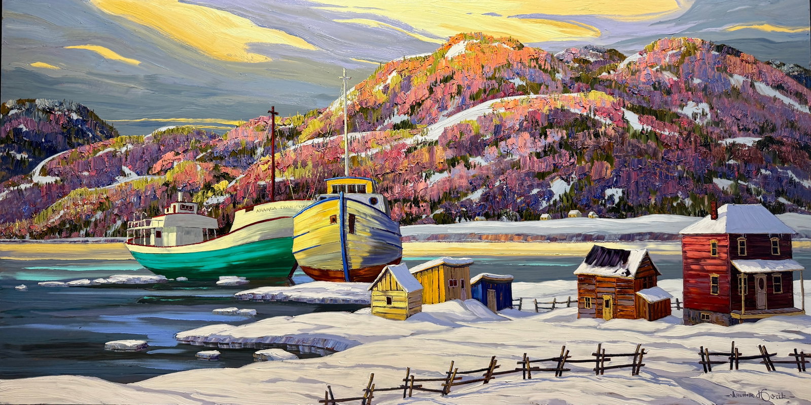 Horik, Vladimir - L'île aux Coudres: Horik, Vladimir (1939-) L'île aux Coudres Description (FR): Huile sur isorel signée en bas à droite Description (EN): Oil on isorel signed lower left Dimension (PO): 61 x 121.9 cm Rapport de