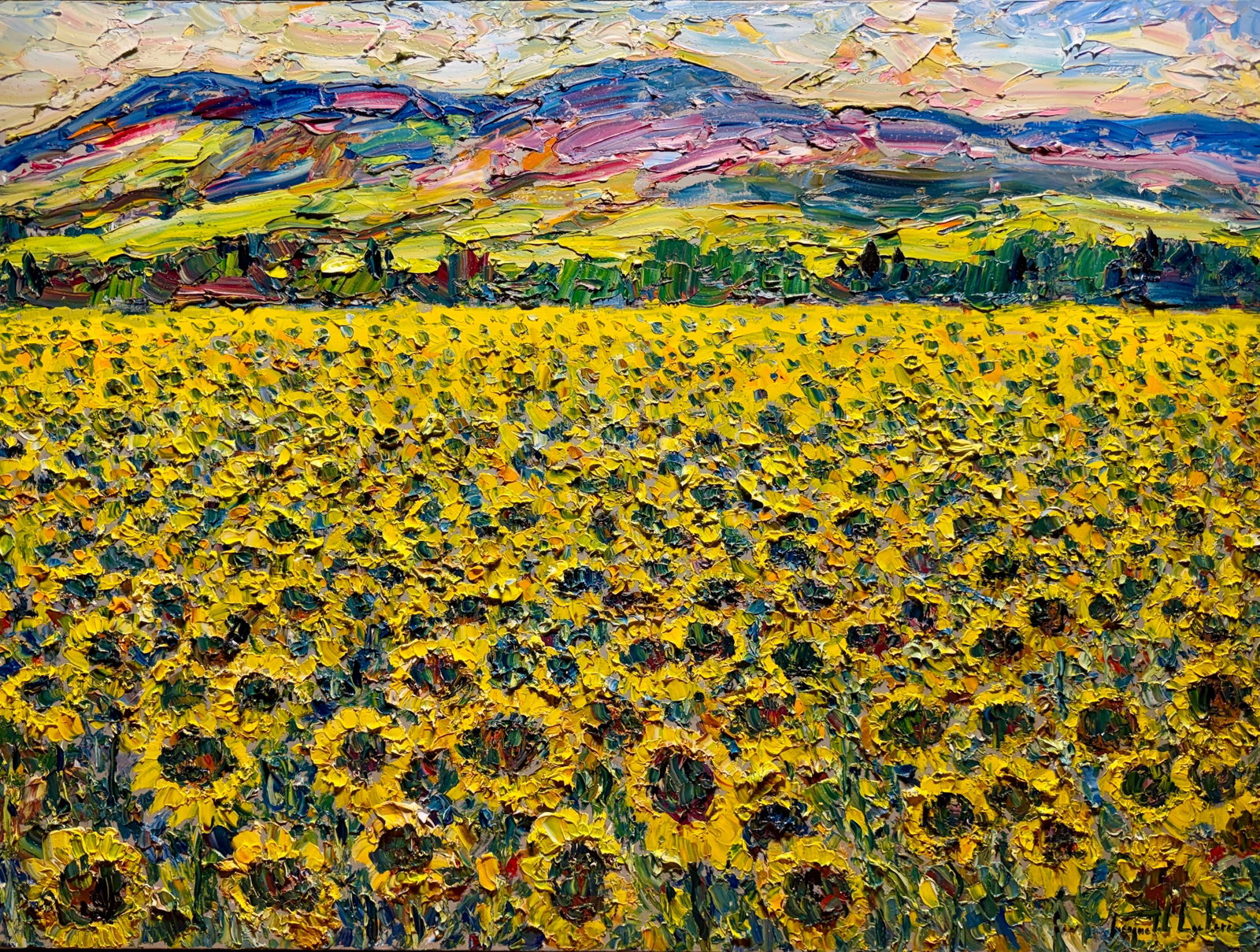 Leclerc, Raynald - Champ de tournesols - 2025: Leclerc, Raynald (1961-) Champ de tournesols (2025) Description (FR): Huile sur toile signée en bas à droite Description (EN): Oil on canvas signed lower right Dimension (PO): 91.4 x 121.9 cm