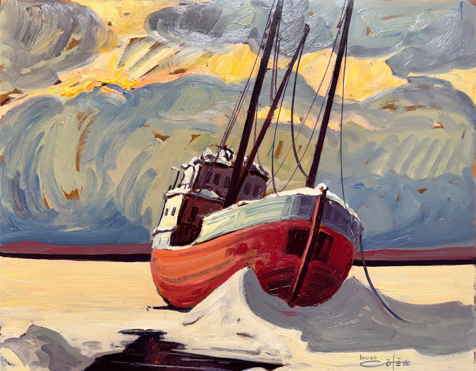 Côté, Bruno - L'Accalmie - 1980: Côté, Bruno (1940-2010) L'Accalmie (1980) Description (FR): Huile sur isorel signée en bas à droite Description (EN): Oil on isorel signed lower right Dimension (PO): 40.6 x 50.1cm Rappo