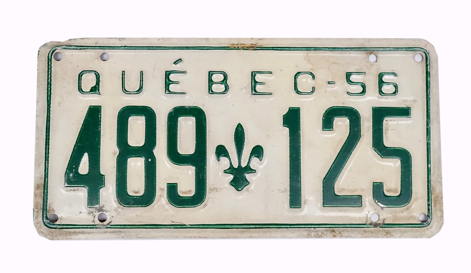 1956 license plate #489-125: 1956 plaque auto #489-125 du Québec en aluminium Rapport de condition: bonne état ------------- 1956 license plate #489-125 From Quebec in Aluminium Condition Report: good conditi