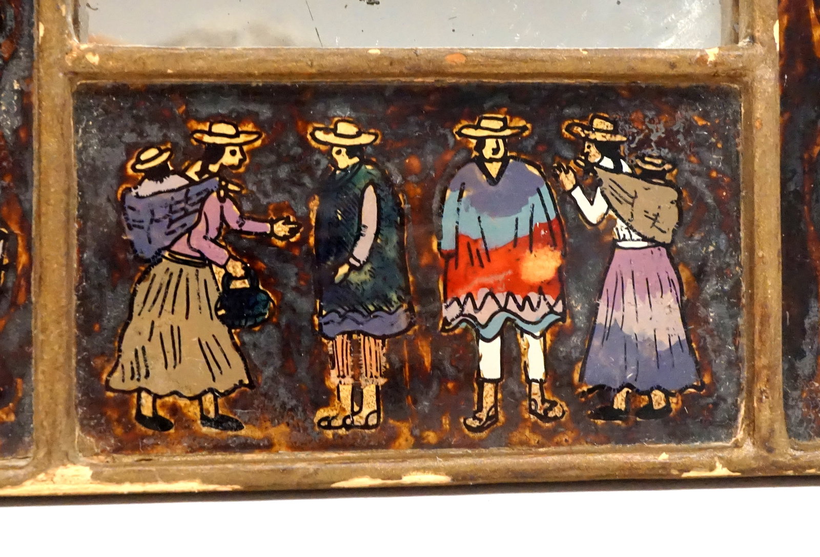 Vintage Peruvian folk art reverse painted glass mirror - 2