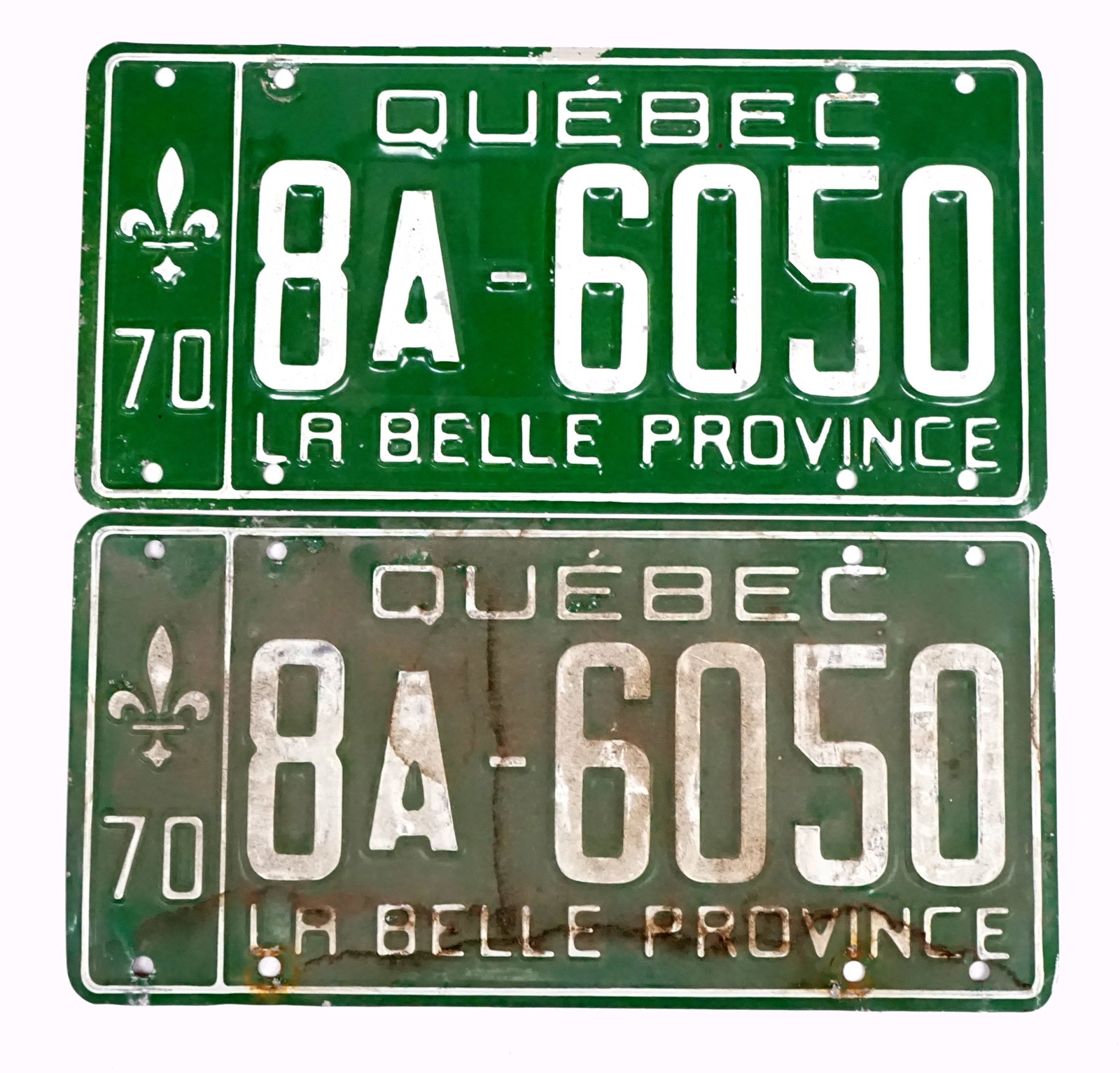 1970 license plate pair #8A-6050: 1970 paire de plaques d'auto #8A-6050 du Québec en aluminium Rapport de condition: bonne état ------------- 1970 license plate pair #8A-6050 From Quebec in Aluminium Condition Report: good