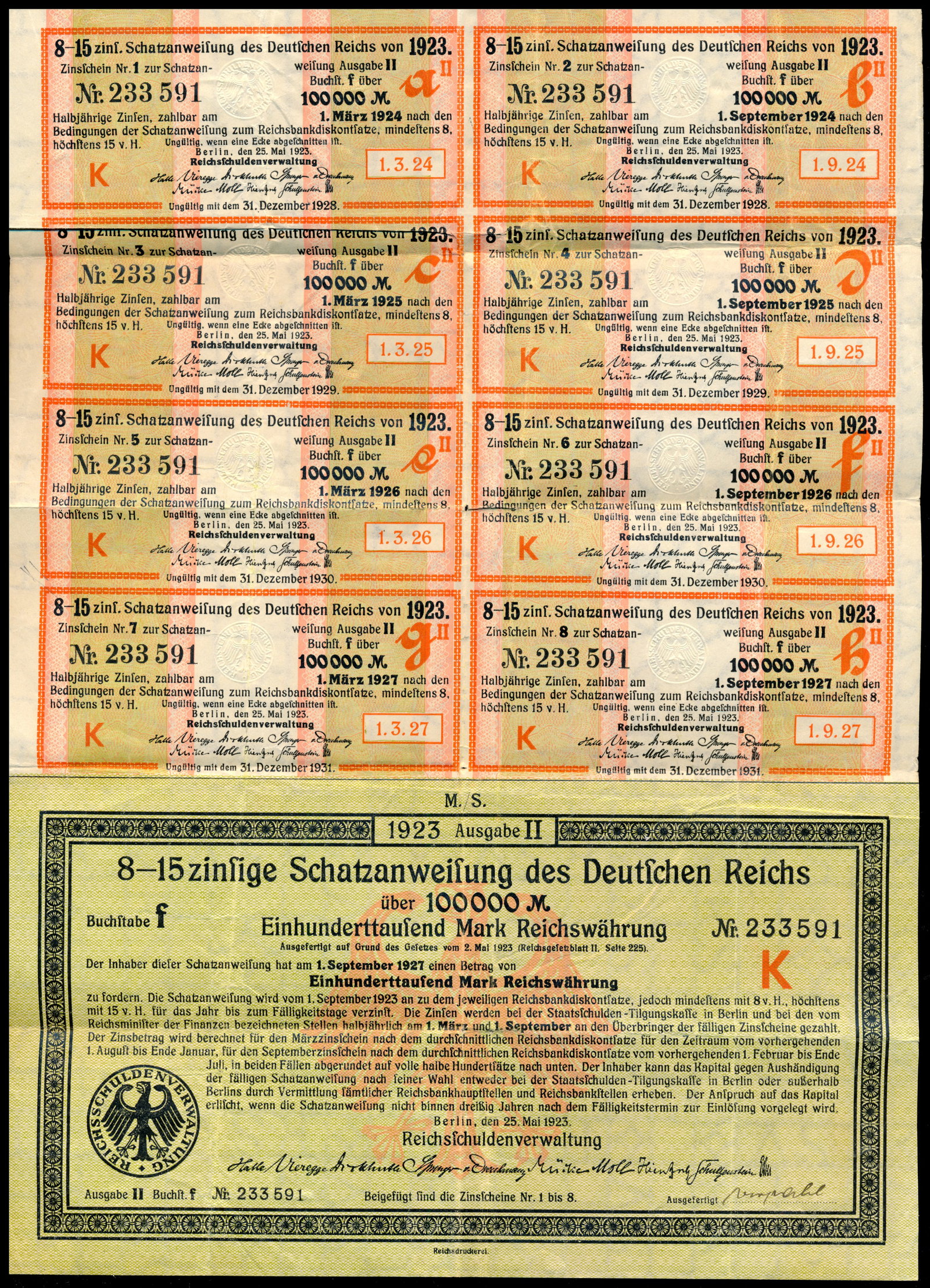 German Treasury Bond: Bond du trésor allemand datant de 1923 et expire en 1927 portant 8 a 15% d'intéret en excellente état Rapport de condition: bonne condition ------------- German Treasury Bond dated