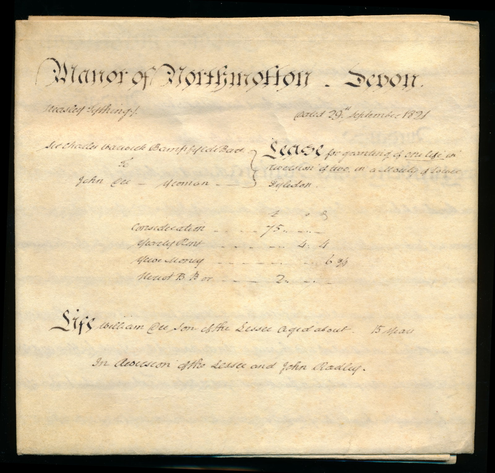 Antique vellum Document: Document ancien Vellum Vieux document acte juridique 29 septembre 1821 en écriture manuscrite. Propriété:Manoir de northington Devon. Le timbre bleu registrare, et insert en argent et