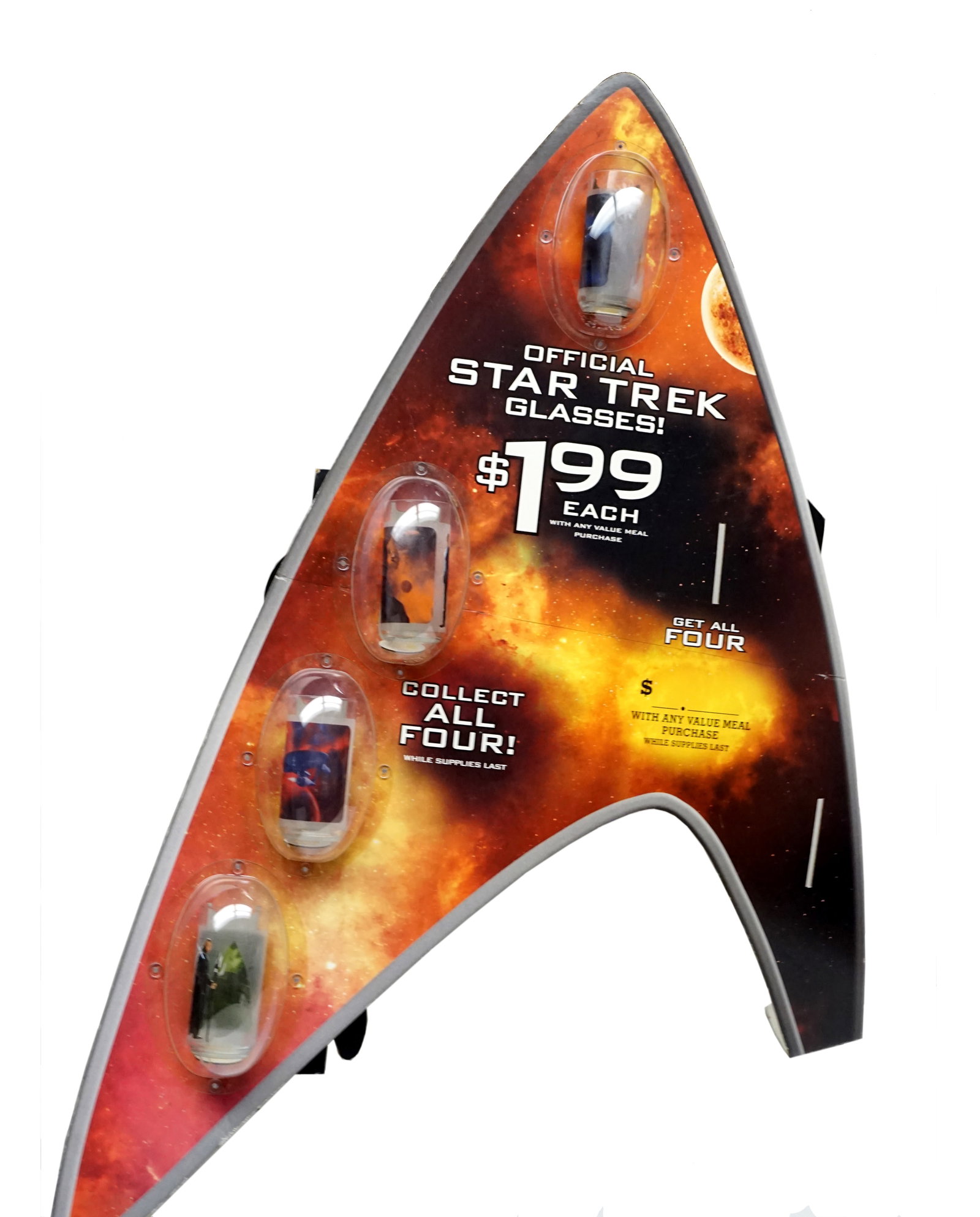 Star-Trek - Promotional display: Star-Trek Paneau promotionel 4 verres offert par Burger-King incluant les 4 verres mesure 54 x 32 pouces Rapport de condition: bonne condition ------------- Star-Trek Promotional display 4 glasses