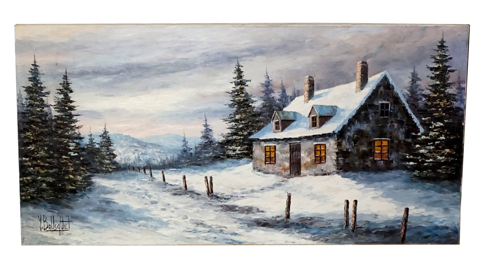 Bousquet, Yvon - House under the snow: Bousquet, Yvon (1923-1997) Maison sous la neige Huile sur toile signée Y. Bousquet en bas à gauche. Dimension: 20'' x 40'' 51 x 101,5 cm ------------- Bousquet, Yvon (1923-1997) House under