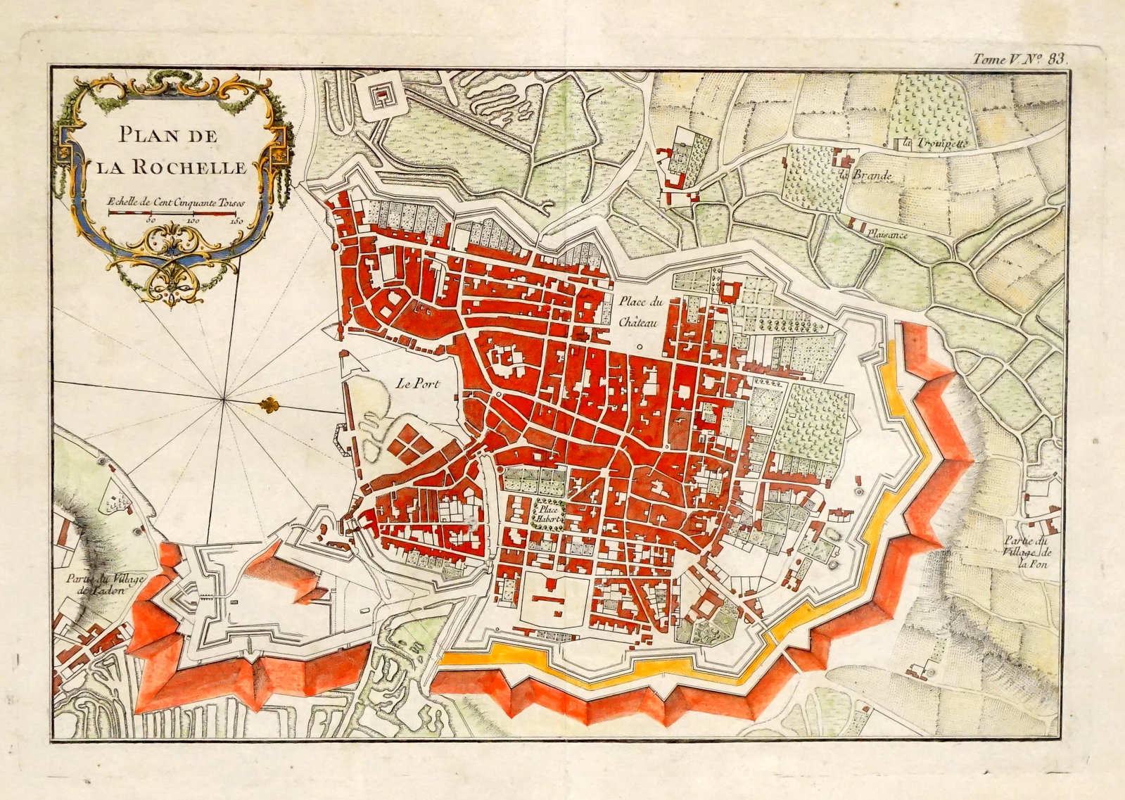 original proof around 1760: Epreuve original vers 1760 Plan de la ville la rochelle représentant ses fortifications et ses rues coloris aquarelle Rapport de condition: good condition ------------- original proof around