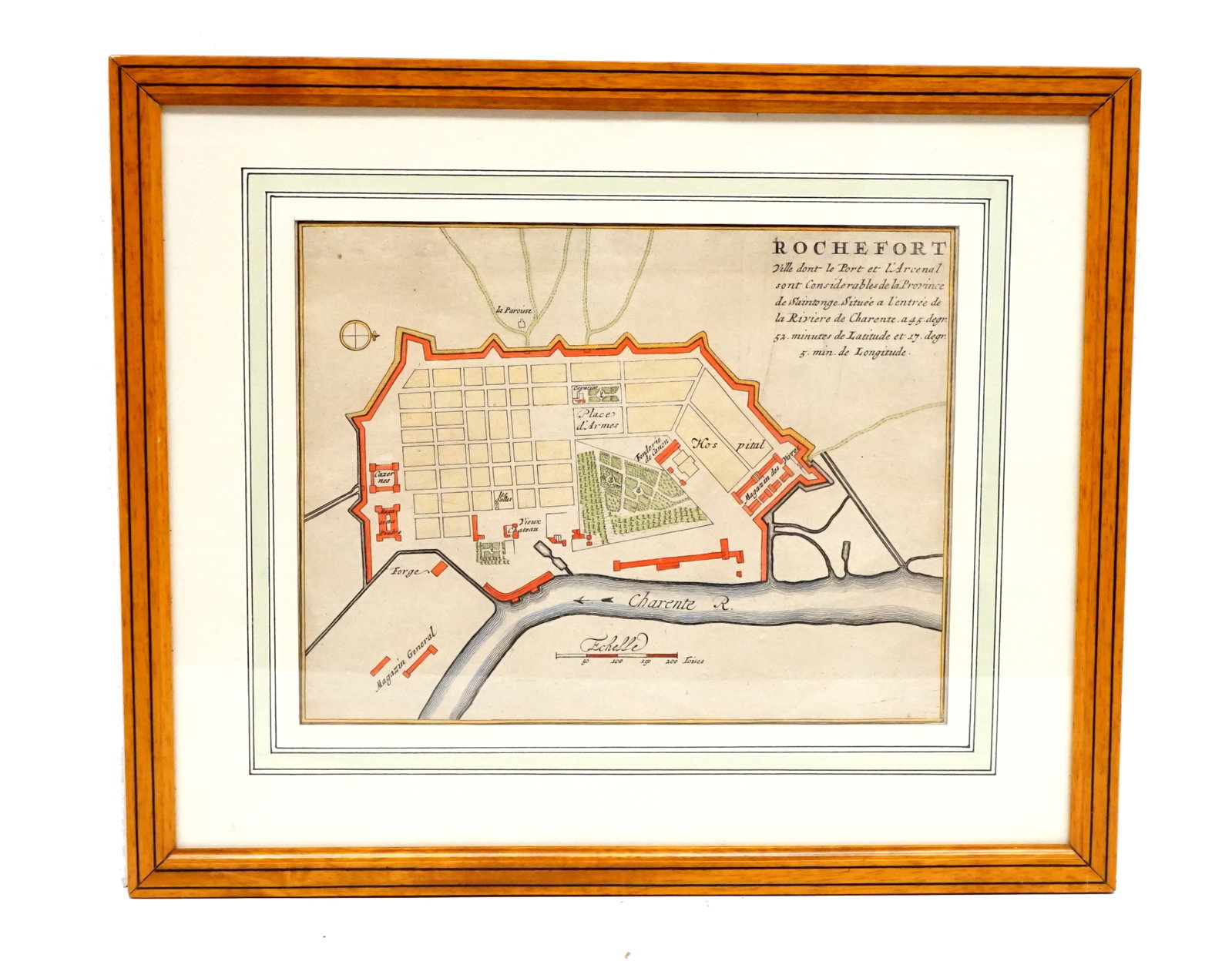 Rochefort antique Map: Plan Gravé de Rochefort De la ville de rochefort fortifié de 1702. Gravure original coloré de L'arcenal de la province de saintonge a l'entrée de la riviere de Charente Rapport de