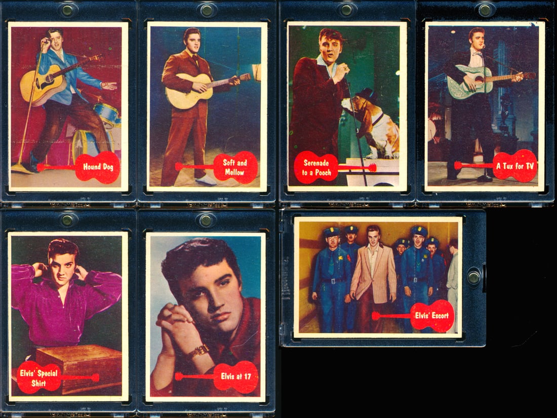 Elvis Presley - 1956 Topps Bubbles 7 cards Lot: Elvis Presley 1956 Topps Bubbles, lot de 7 cartes Cartes #5-26-44-35-40-38-20 tous dans des étuis de plastique dur Rapport de condition: condition VG et Meilleure ------------- Elvis Presley 1956