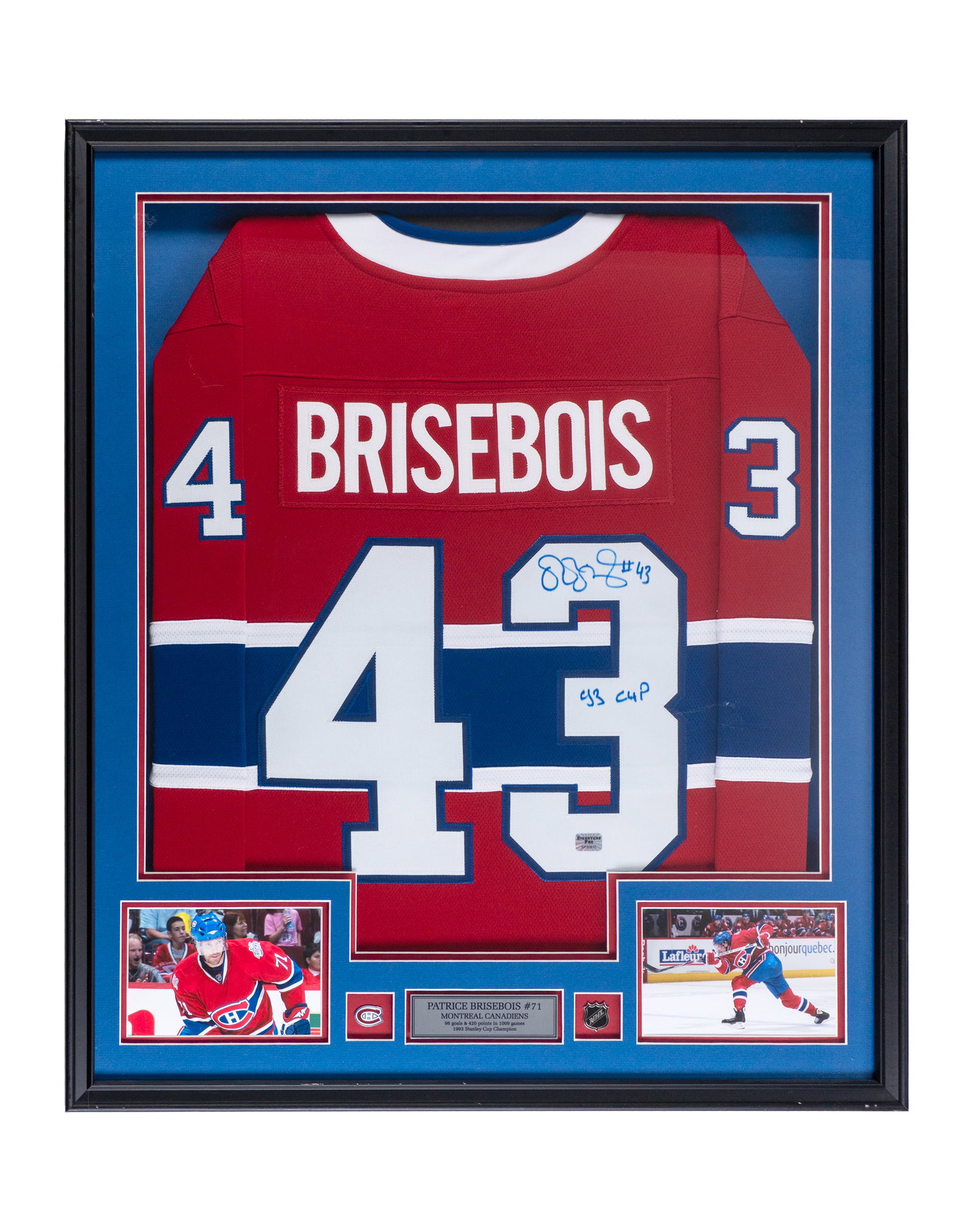 Autographed Canadiens jersey, Patrice Brisebois: Maillot dédicacé des Canadiens, Patrice Brisebois Maillot dédicacé des Canadiens, Patrick Brisebois. Encadrement professionnel, certificat d'authenticité avec hologramme de Si