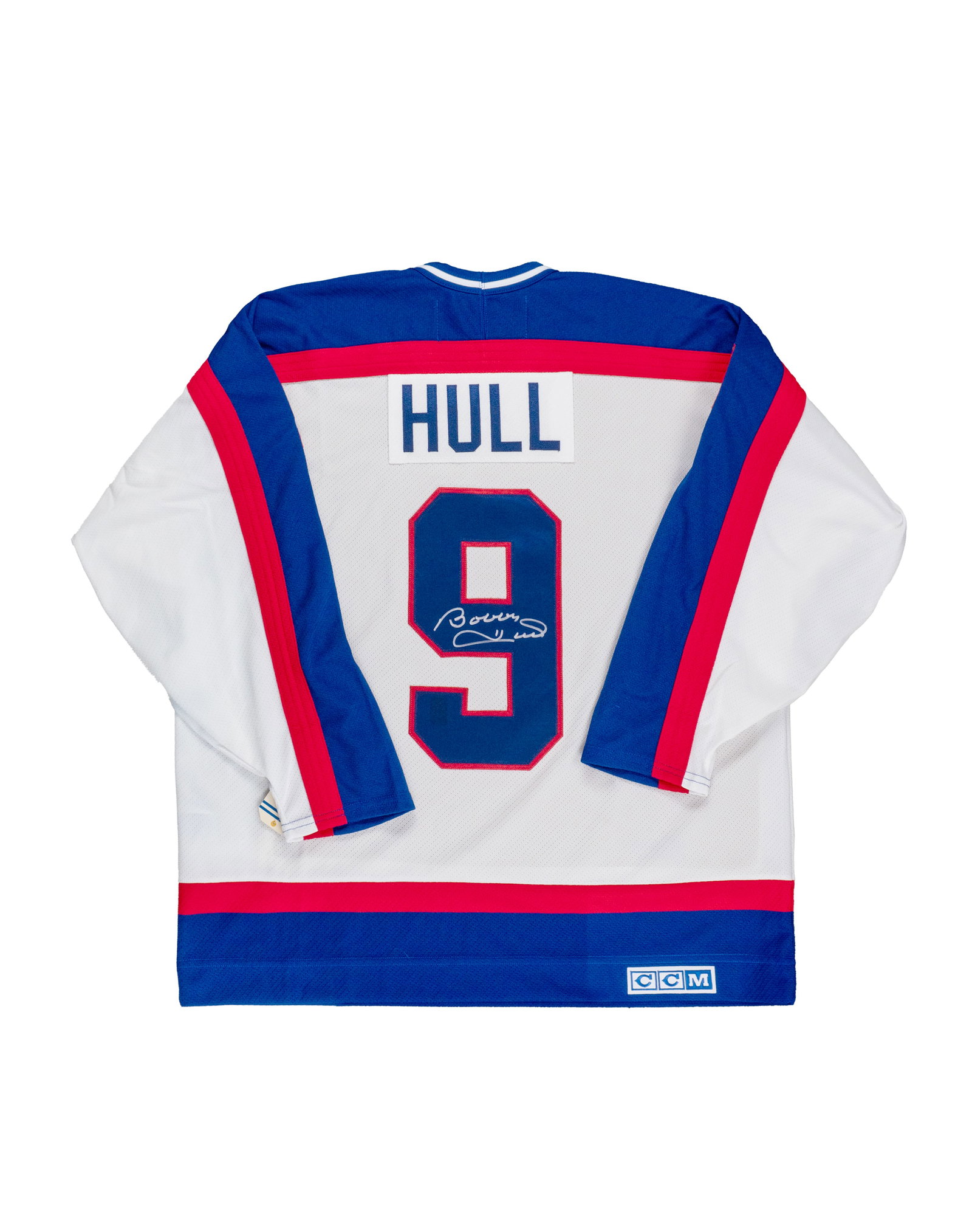 Signed jersey, Bobby Hull, Winnipeg Jets: Chandail signé, Bobby Hull, Winnipeg Jets Chandail CCM Vintage Hockey taille XL, signé à la main par Bobby Hull Rapport de condition: État neuf avec étiquettes du fabricant