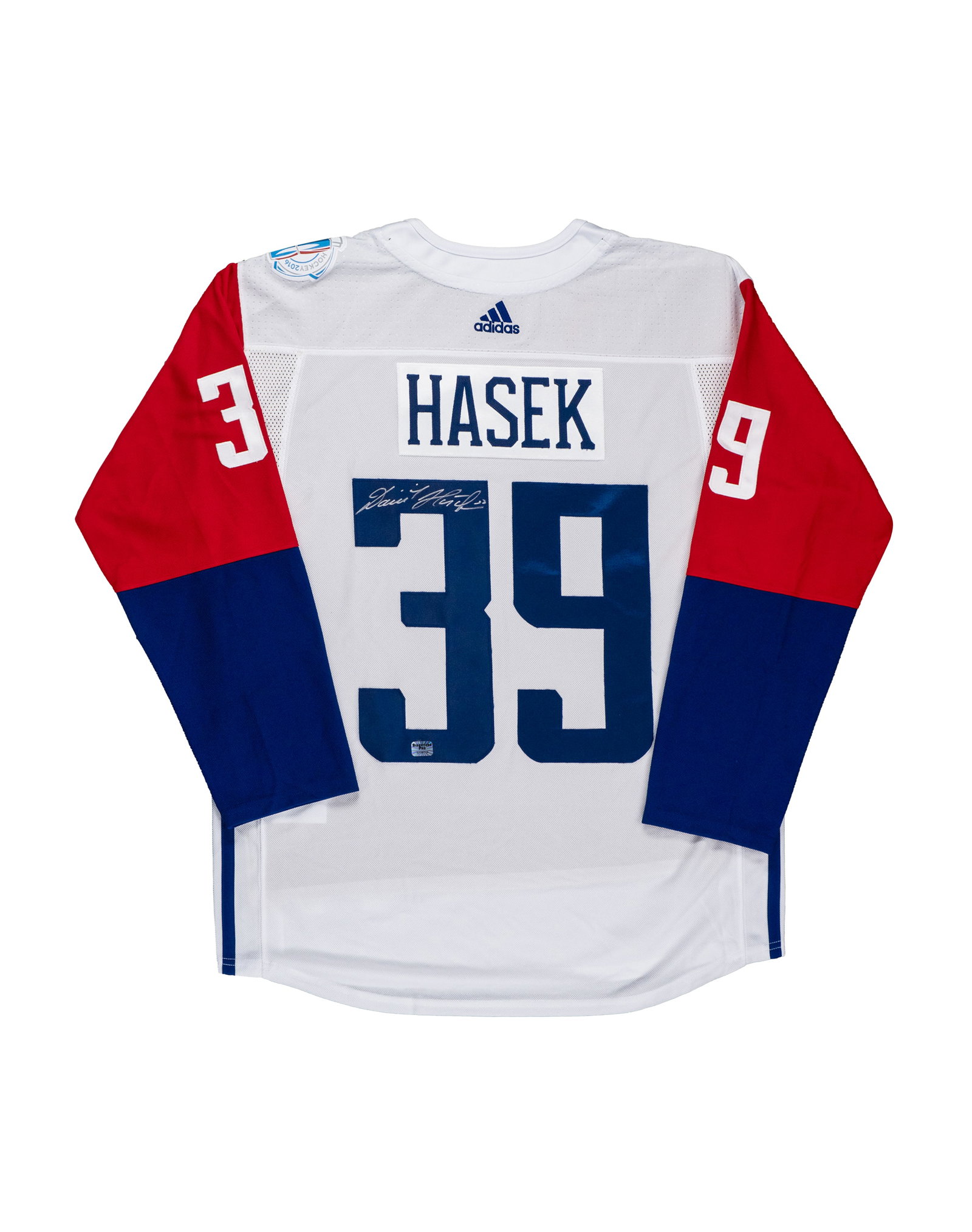 Signed jersey, Dominik Hasek, World Cup of Hockey 2016 - 2016: République Tchèque \ Czech Republic Chandail signé,Dominik Hasek, World Cup of Hockey 2016 (2016) Chandail Adidas WCH taille L, signé à la main par Dominik Hazek, hologramme