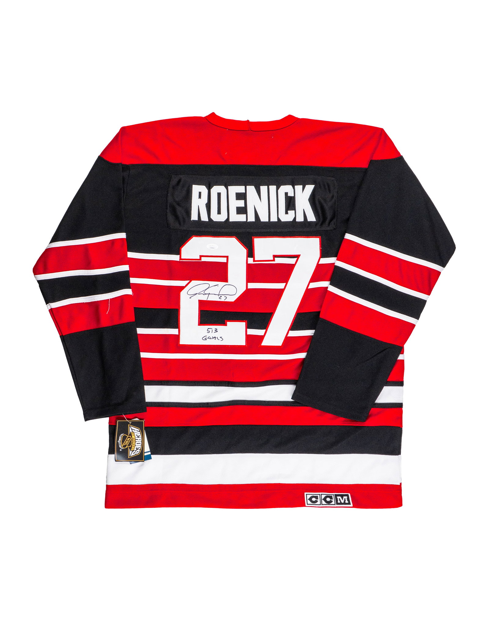 Jeremy Roenick autographed Chicago Blackhawks jersey - XXe siècle: États-Unis \ USA Maillot dédicacé Jeremy Roenick, Chicago Blackhawks (XXe siècle) Chandail CCM vintage taille US 52, signé à la main par Jeremy Roenick. Inclut un hologra