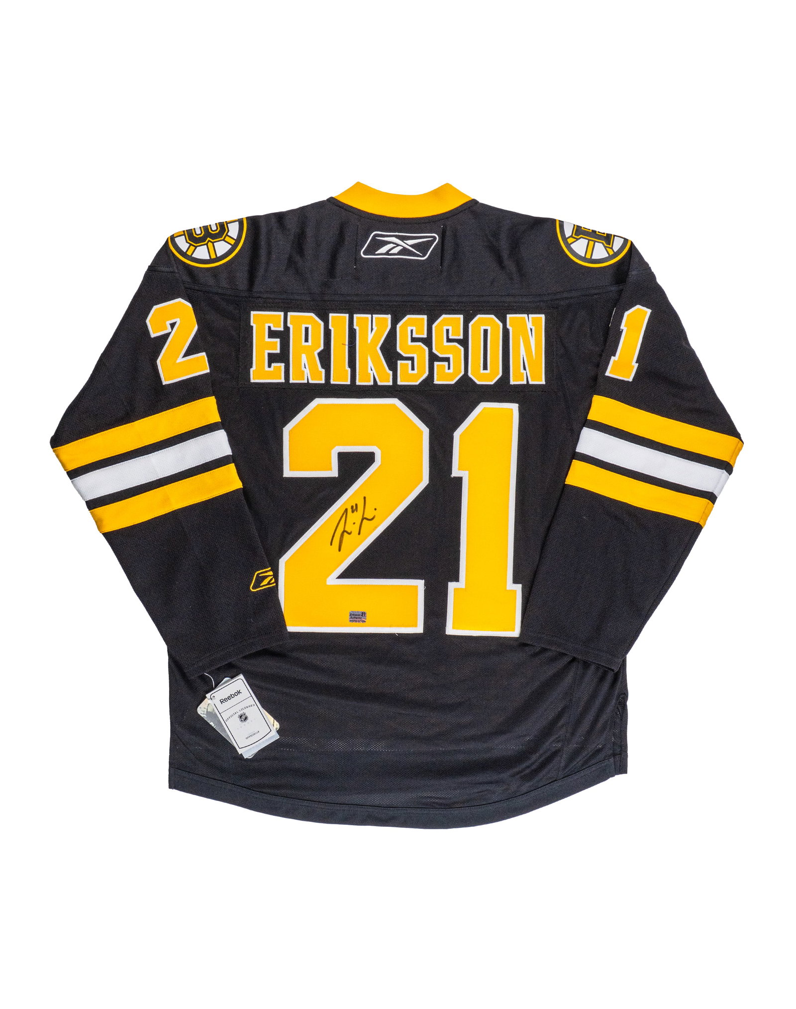 Autographed Loui Eriksson jersey, Boston Bruins - XXe siècle: États-Unis \ USA Maillot dédicacé Loui Eriksson, Boston Bruins (XXe siècle) Chandail Reebok NHL official taille L, signé à la main par Louie Eriksson. Inclut un hologramm