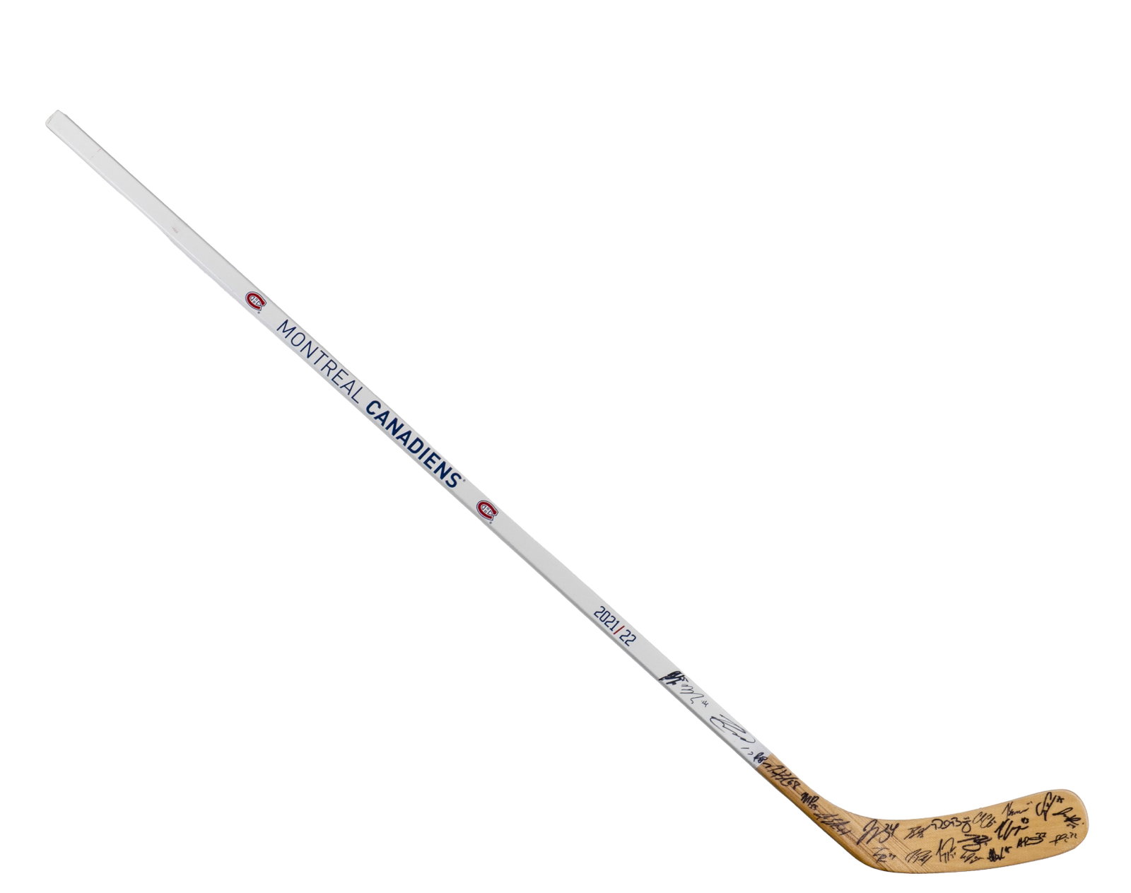 Hockey stick signed by players from the 2021–2022 Canadiens team. - 2021-22: Baton de Hockey, signé par des joueurs des Canadiens équipe 2021-2022 (2021-22) Baton Inglasco Canadiens, signé sur sur la palette ------------- Hockey stick signed by players from the 