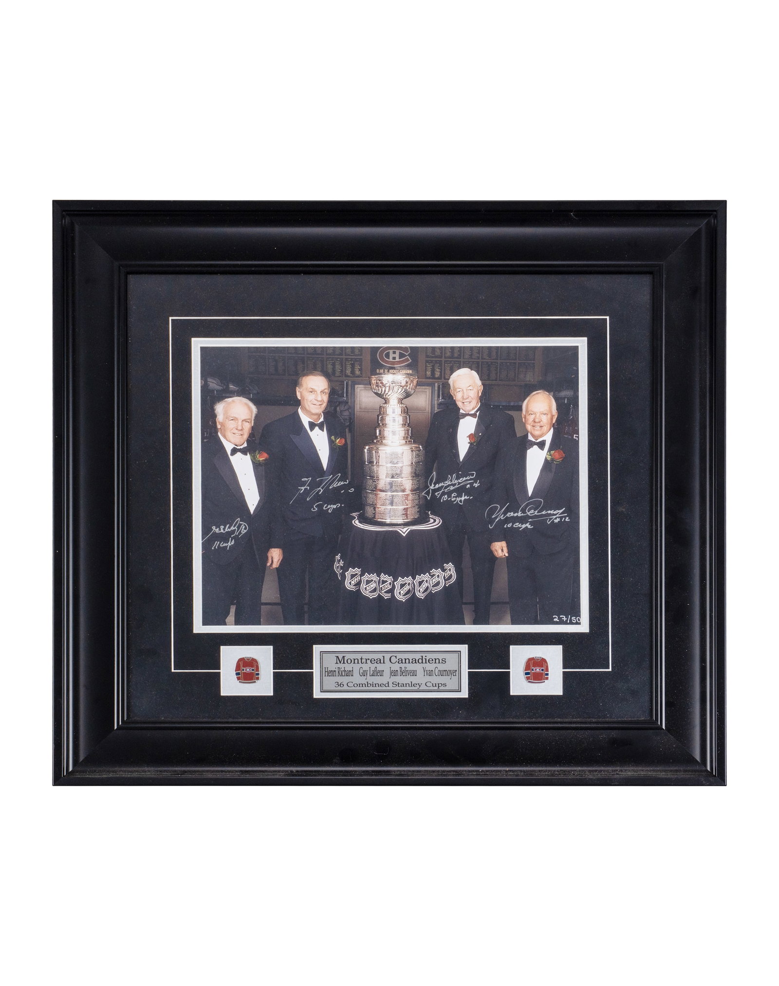 Photo with signatures of the Montreal Canadiens, Henri Richard, Lafleur, Béliveau, Cournoyer: Photo avec quadruple signature des Canadiens de Montréal, Henri Richard, Lafleur, Béliveau, Cournoyer Tuxedo photo, 36 combined Stanley cups, Henri Richard, jean béliveau, Yvan