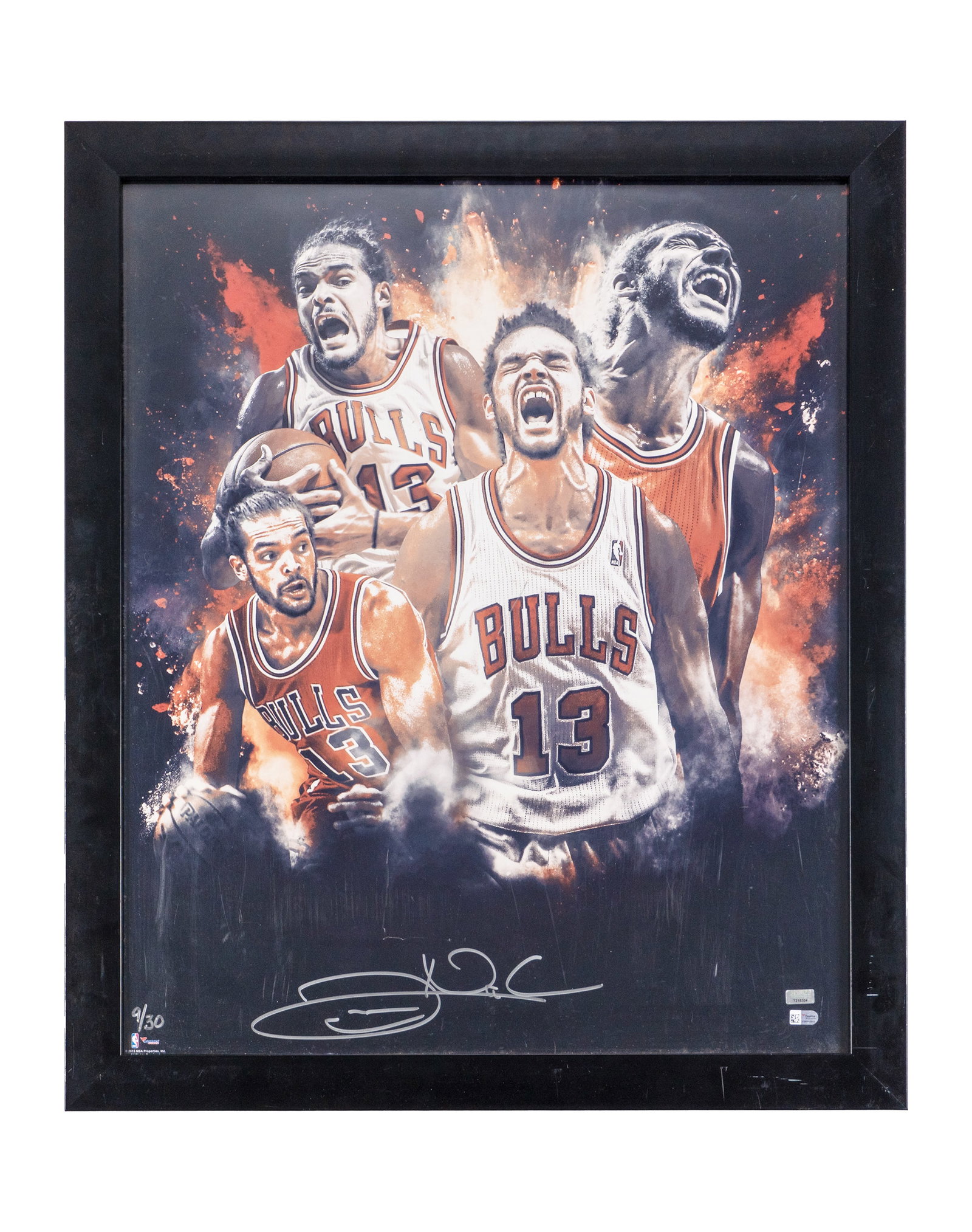 Autographed photo, Joakim Noah, basketball: Photo autographiée, Joakim Noah, basketball Photo montage, Joakim Noah des Bulls de Chicago, numérotée 9/30, hologrammes de Sports Memorabilia et Fanatic authentic, datée 2015