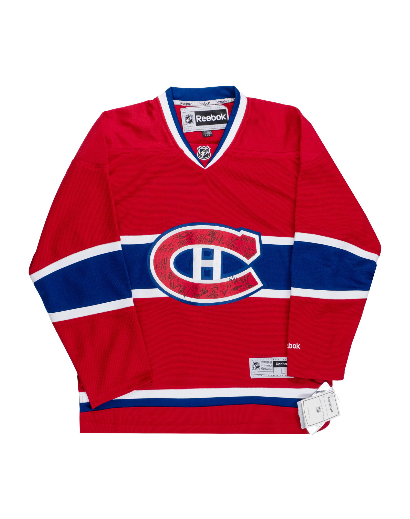 Autographed jersey, Canadiens team, 2013 - 2013: Chandail signé, Équipe des Canadiens, 2013 (2013) Chandail Reebok NHL Vintage Hockey taille L au nom de Michel Therrien, entraineur, signé à la main par plusieurs joueurs du Canadi