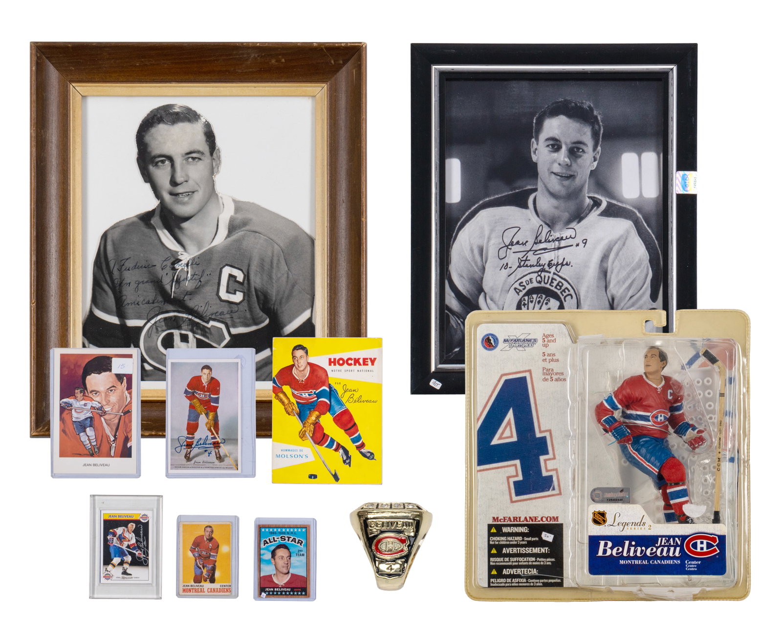 Jean Béliveau lot: Lot Jean Béliveau Inclut carte directeur de promotion Molson's signée, carte postale 1972 temple de la renommée, carte signature 132/1000, brochure Hockey notre sport national, carte