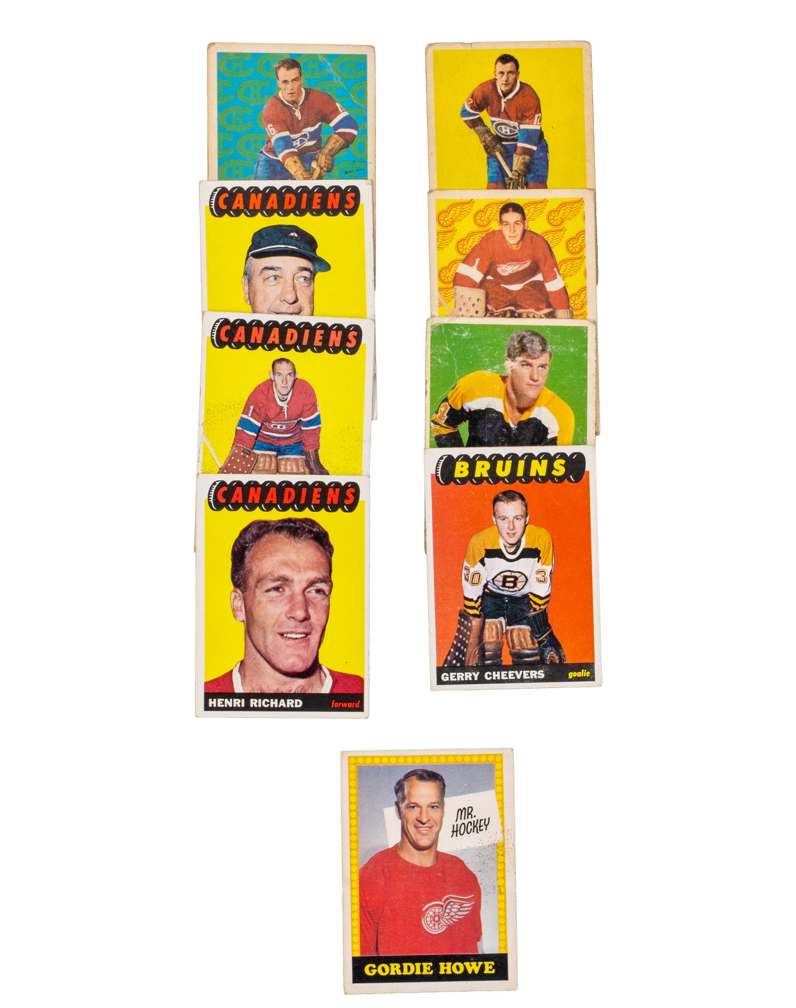Parkhurst Topps, O-Pee-Chee - Selection of vintage NHL hockey cards - 1961-1970: Parkhurst \ Topps, O-Pee-Chee Selection de LNH hockey cartes vintage (1961-1970) Inclut Parkhurst 1961-1962 # 43 Henri Richard, Topps 1965-1966 #71 Henri richard, #67 Charlie Hodge, #1 Toe Blake,