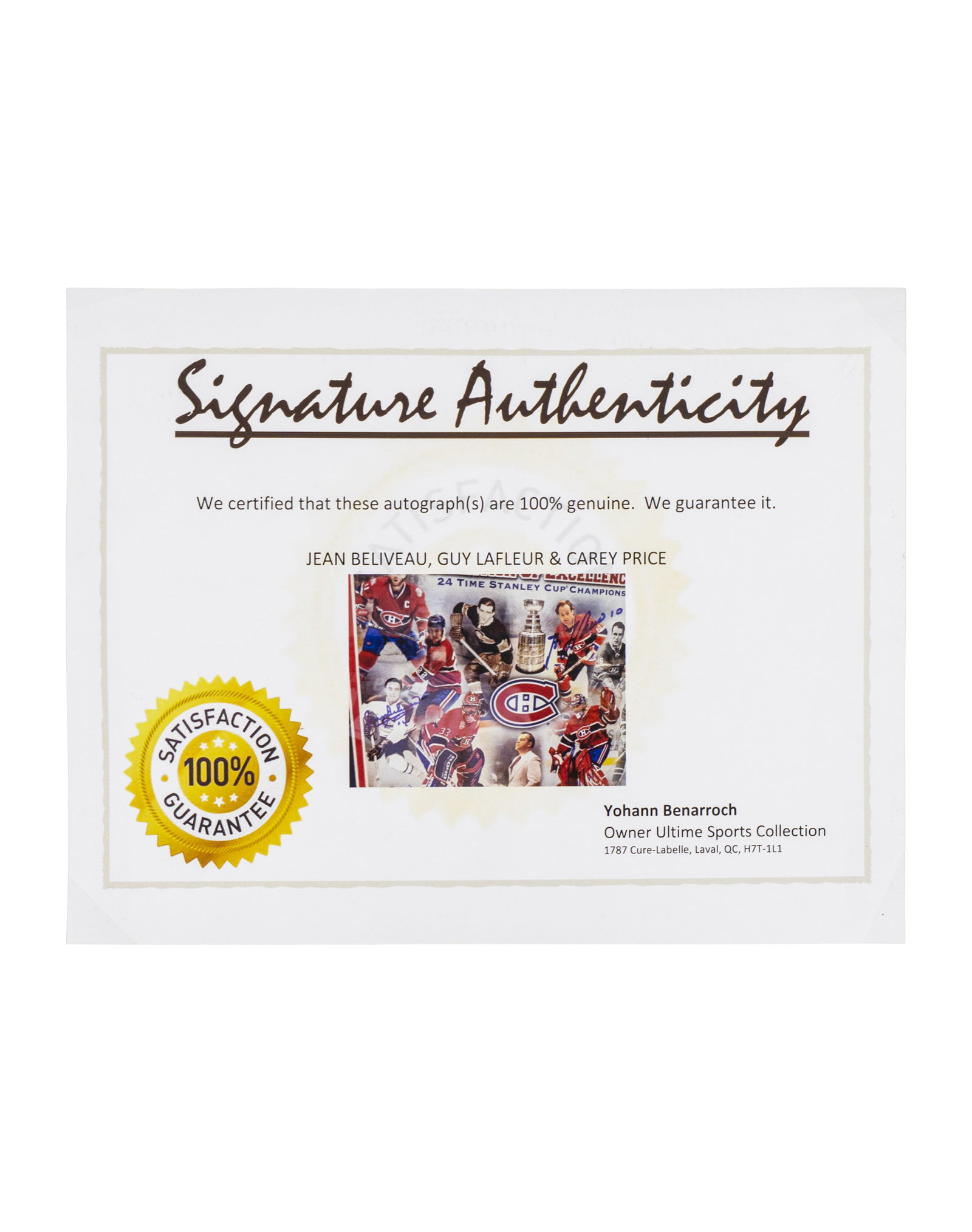 Photo with triple signature of the Montreal Canadiens Jean Béliveau, Guy Lafleur, Carey Price - 4