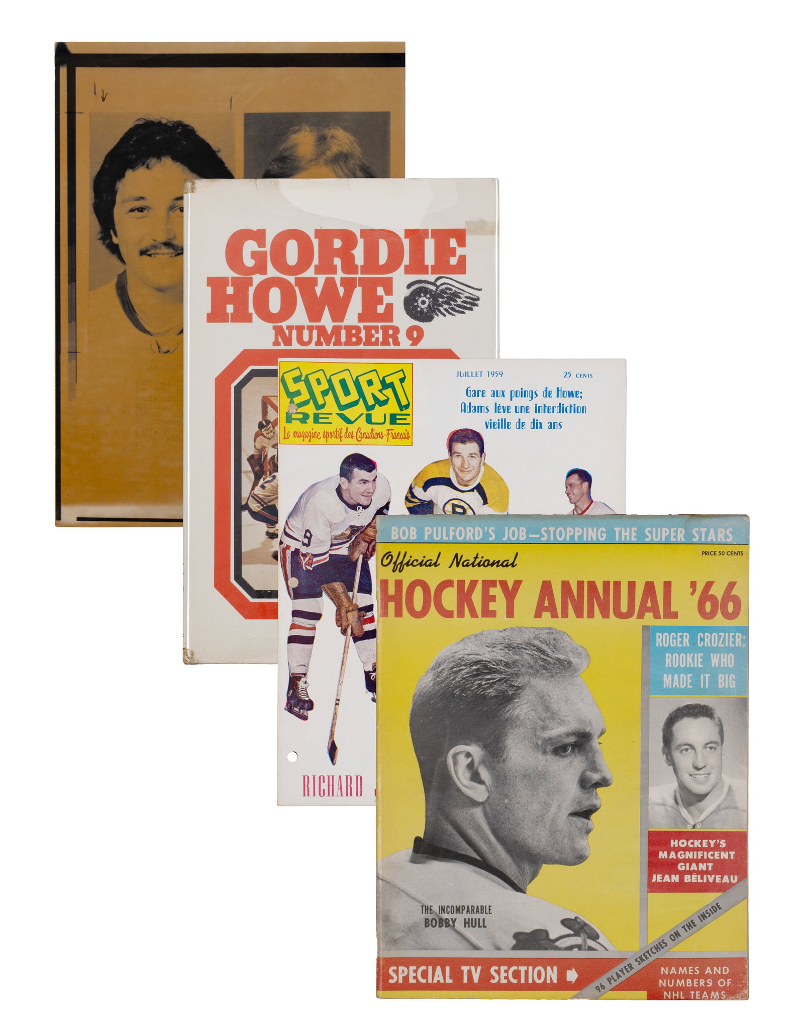 Hockey book and magazine set - 1959-1971: Lot livre et magazines de Hockey (1959-1971) Inclut Vipond, Jim, Gordie Howe Number 9 revised edition, McGraw-Hill, 1971, Official Hockey annual 1966, Sport Revue juillet 1959, ------------- Hockey bo