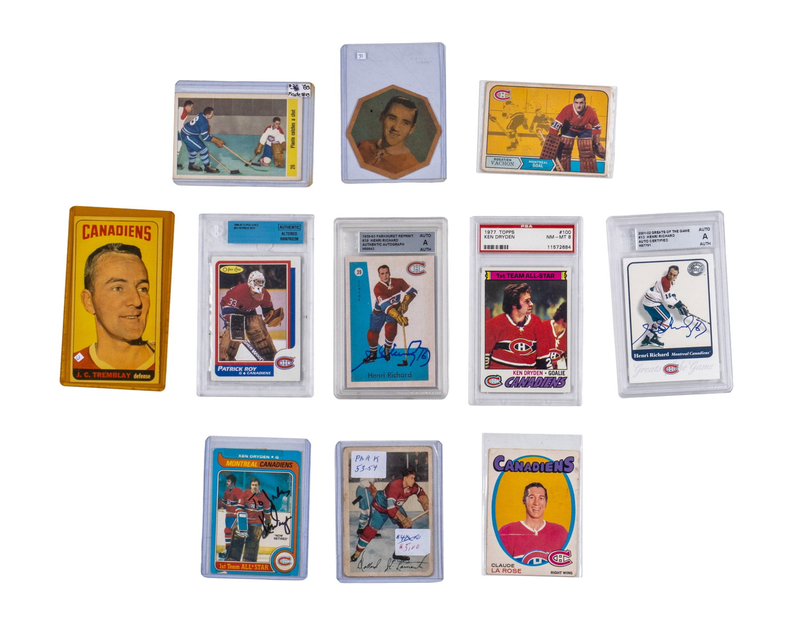 Lot of vintage Canadiens cards: Lot de cartes vintage Canadiens Inclut entre autres Henri Richard auto certifié, Ken Dryden, Patrick Roy Rapport de condition: Condition variable ------------- Lot of vintage Canadiens cards