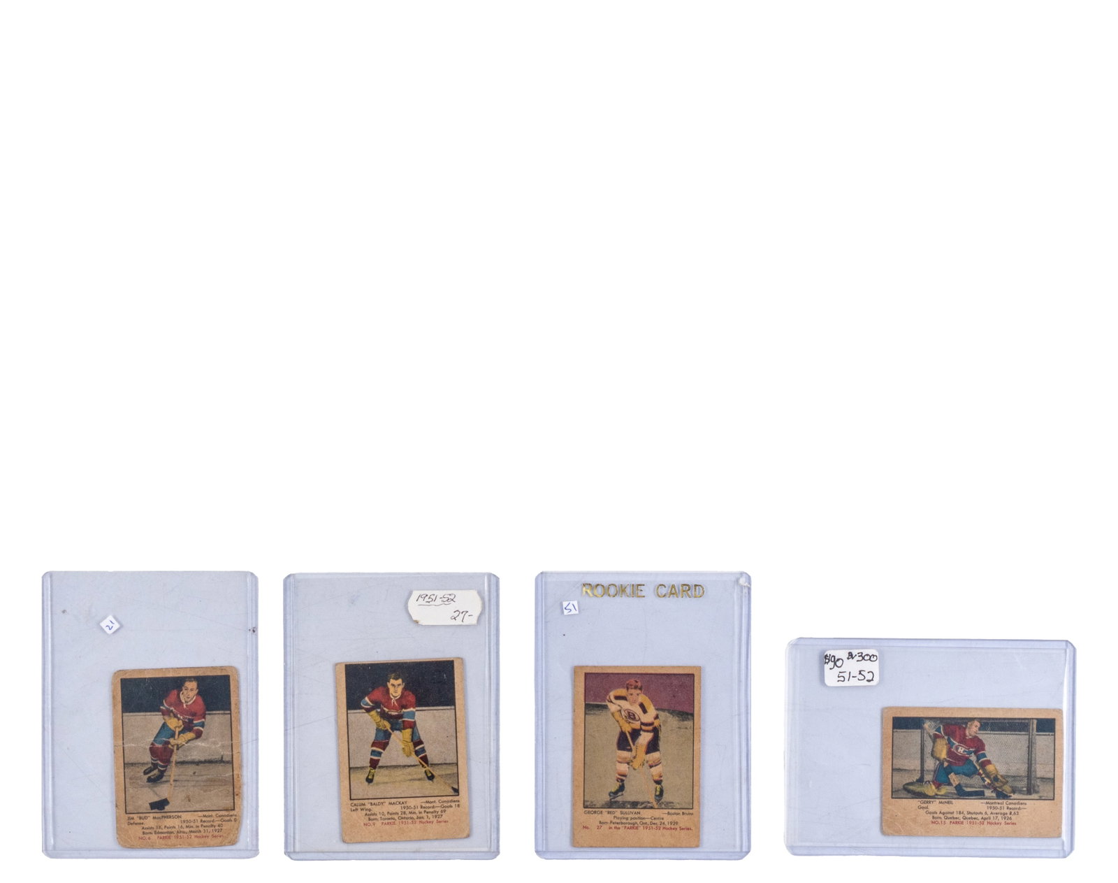Canadiens rookie cards Jim MacPherson, Gerry mcNeil, Calum Mackay - 1951-52 - 2