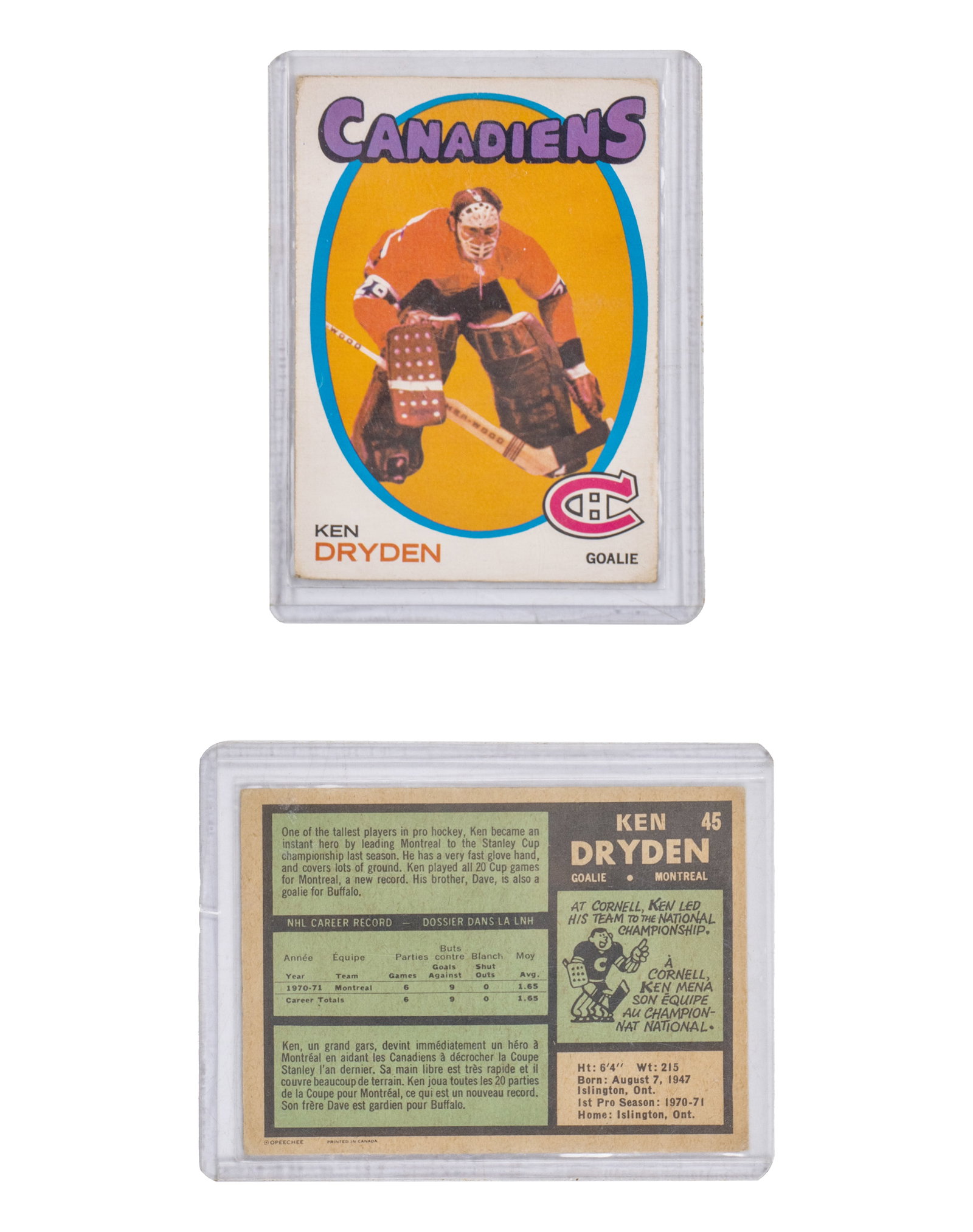 O-Pee-Chee Ken Dryden Rookie Card - 1971-72 - 2