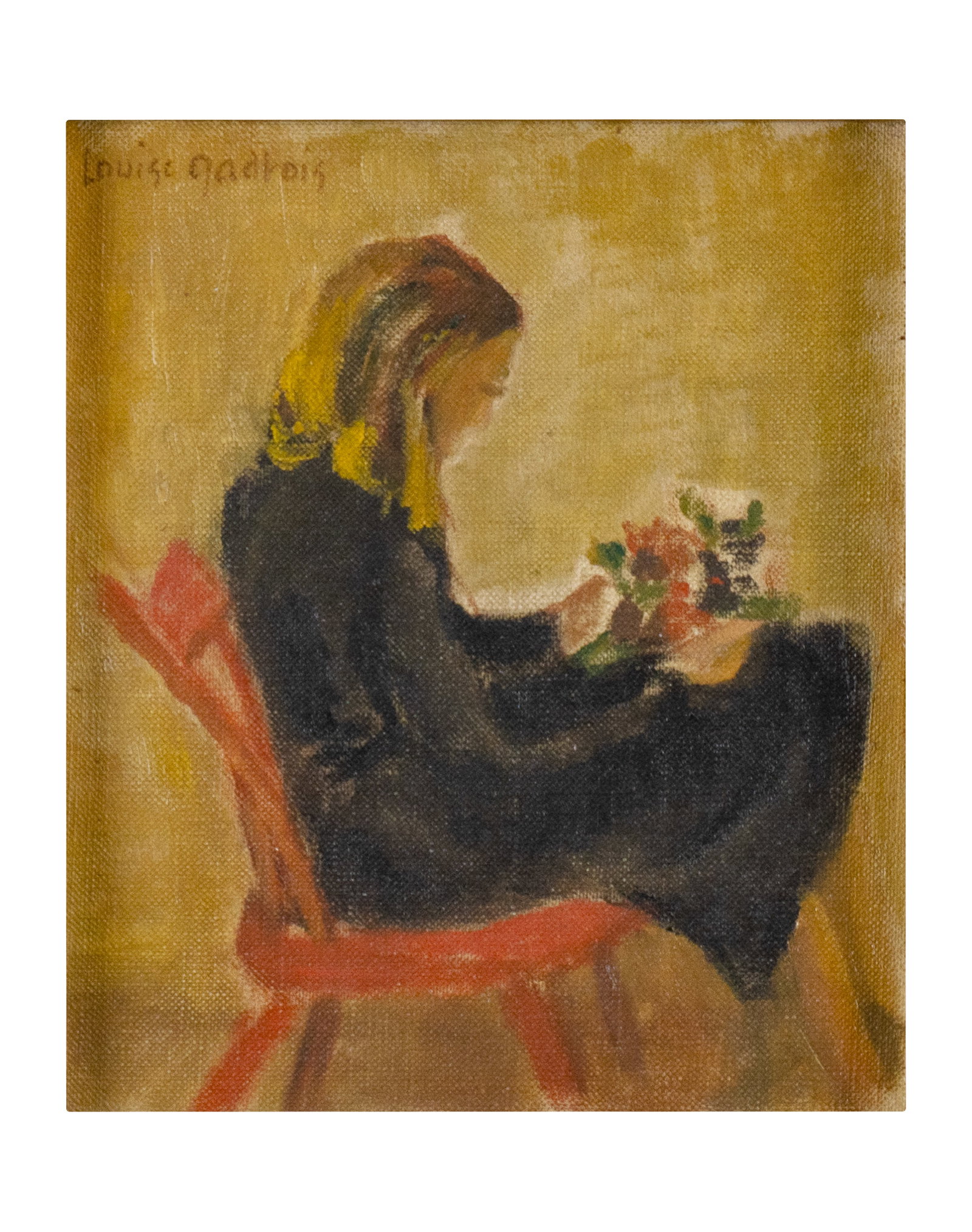 Gadbois, Louise - Young Girl Sitting with a Bouquet: Gadbois, Louise (1896-1985) Young Girl Sitting with a Bouquet Description (FR): Huile sur toile cartonnée, signée Louise Gadbois en haut à gauche. Description (EN): Oil on canvas panel, signed Loui