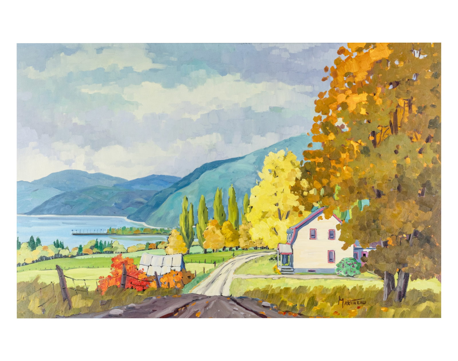 Martineau, Louise - "Rang des anglais - Les Éboulements" - 1996: Martineau, Louise (1952-) "Rang des anglais - Les Éboulements" (1996) Description (FR): Huile sur toile, signée Martineau en bas à droite, contresignée, datée et titrée au verso. Description (EN