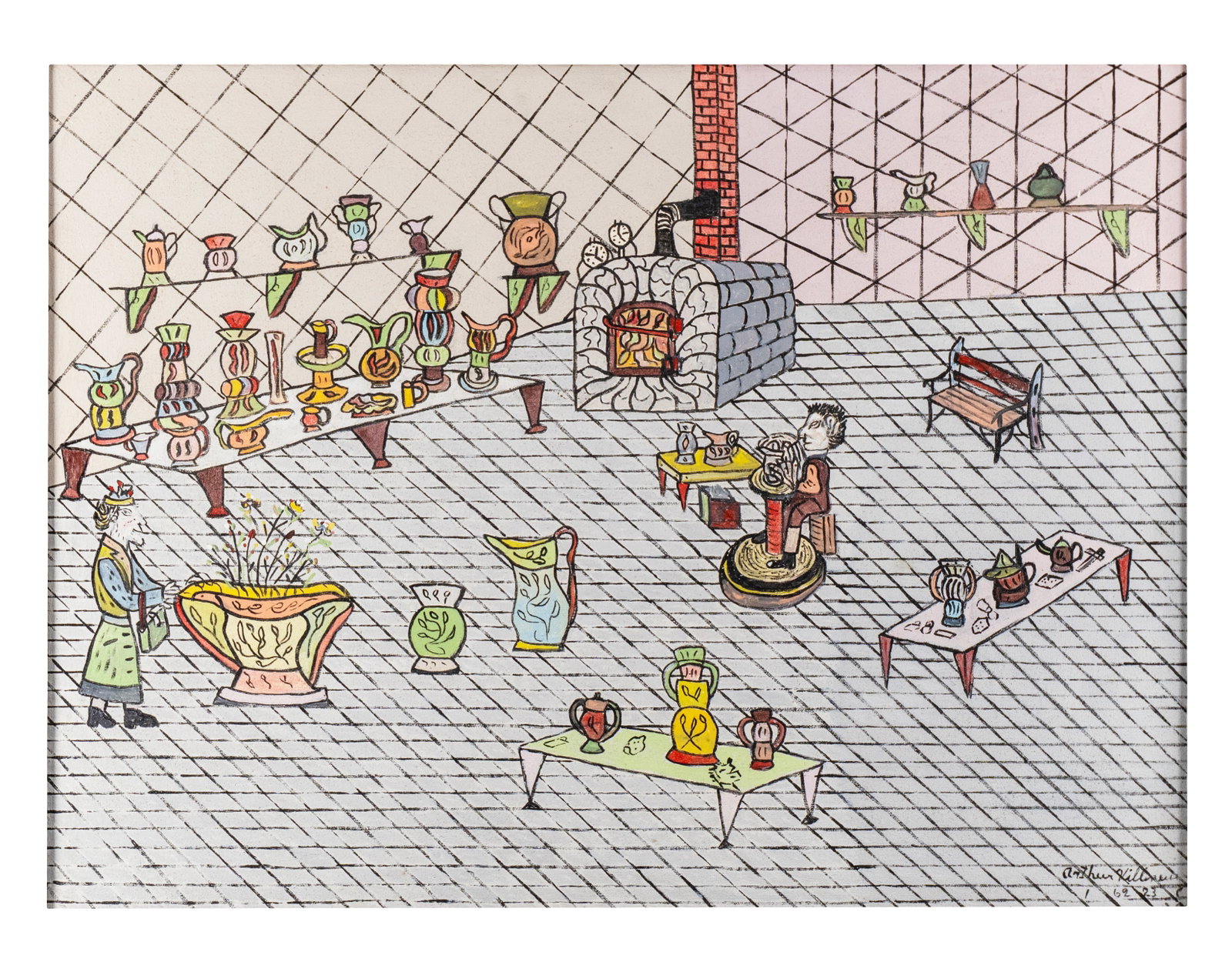 Villeneuve, Arthur - Monsters and Pottery - 1969: Villeneuve, Arthur (1910-1990) Monsters and Pottery (1969) Description (FR): Huile sur toile, signée A. Villeneuve en bas à droite et datée. Étiquette du Musée des Beaux-Arts de Montréal au vers