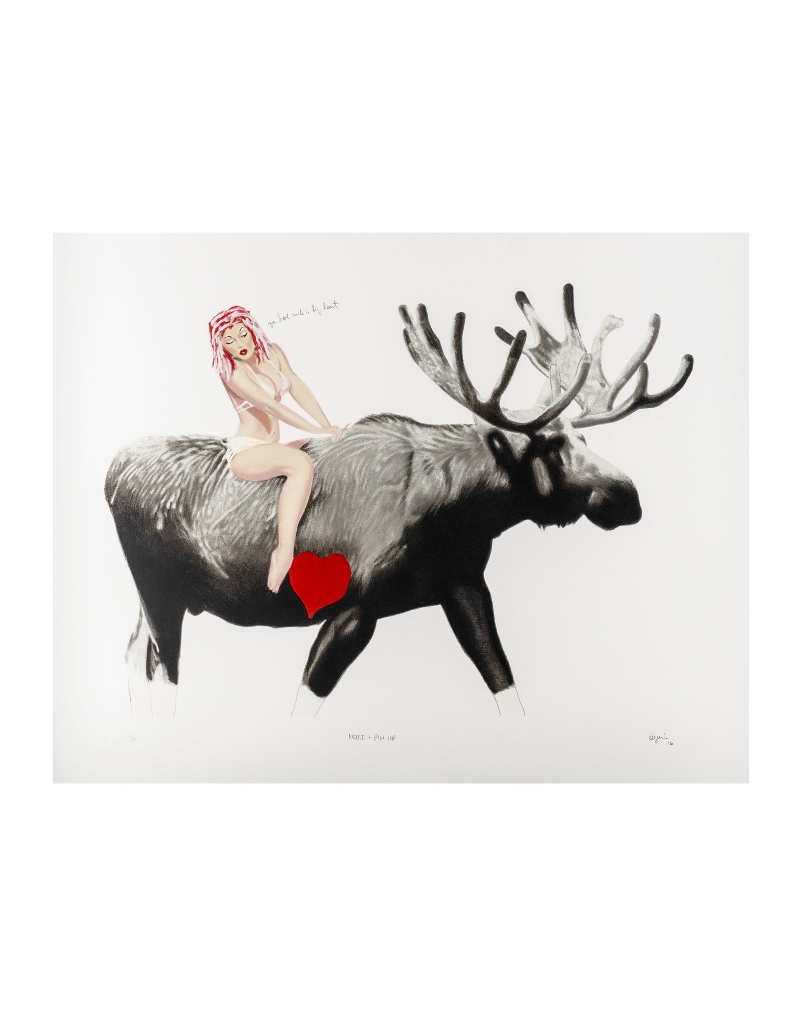 Séguin, Marc - "Moose + Pin-Up" - 2016: Séguin, Marc (1970-) "Moose + Pin-Up" (2016) Description (FR): Sérigraphie, signée Séguin et datée en bas à droite, titrée, numérotée 70/80. Sceau de l'Atelier André Lemieux gaufré dans le 